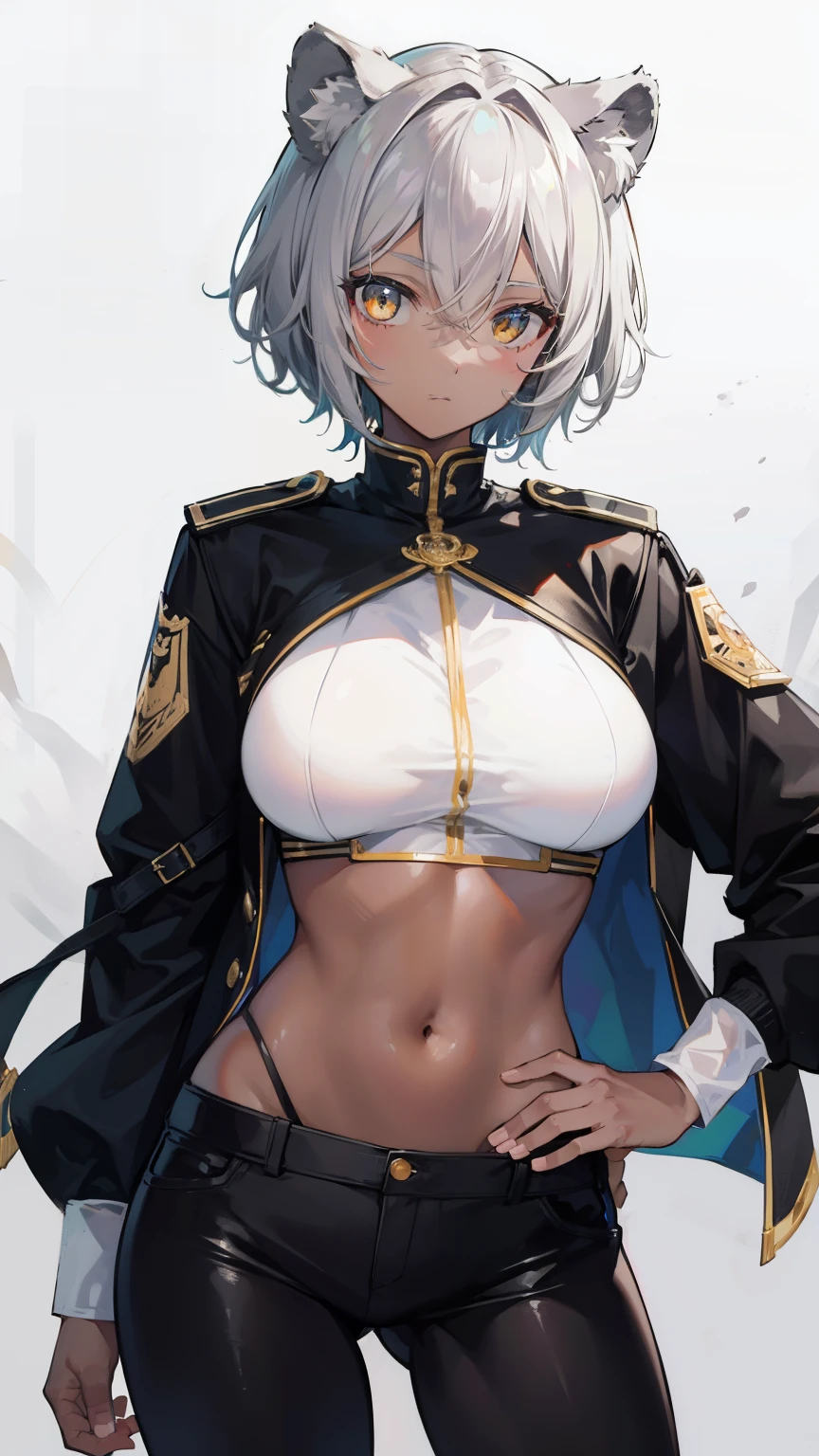 Dark-skinned milf,white hair, Cat's ears,military dress uniform, showing nipples ,wet