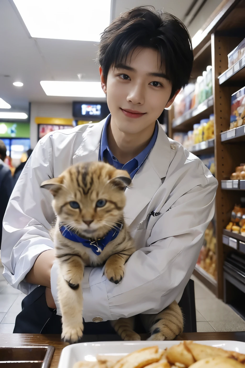 Japan. Akihabara pet shop, Tokyo. Handsome clerk. highest quality, masterpiece, ultra high resolution 　Looking at me and smiling　cute animals