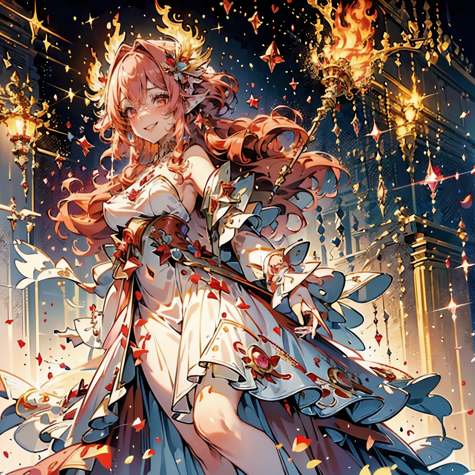  (masterpiece, very detailed, exquisite, beautiful, Full HD, High resolution, confused), (1 person),fairy woman, fire dress base,((fire motif dress)), Giant fairy wings,((smile,Excited, grin and laugh)), dynamic angle,floating, With her left hand on her hip, right hand holding fire,looking at the viewer, golden eyes, Big eyes, tanned skin, slim, ruby earrings, ruby choker, (white and red ball gown dress:1.1, fire motif dress,ruby decoration), (bob, wavy pink hair,My hair is on fire:1.2 ),fantasy, romantic academia,  cinematic lighting, volume lighting, dynamic lighting,soft edge, soft lines,dynamic angle, dramatic lighting, warm lighting, soft lighting, written boundary depth, fantasy, beautiful, dreamy atmosphere, 