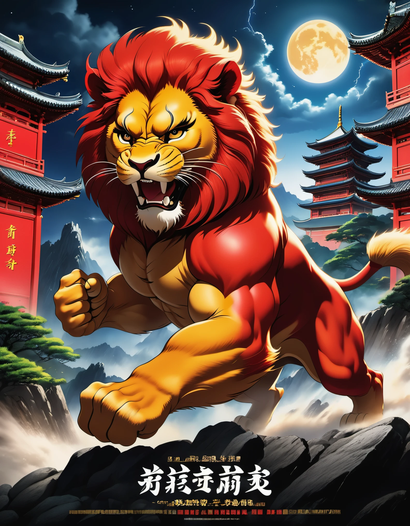 Movie poster, dueling moments, (a strong red Chinese lion Bruce Lee boxing), punching action, anthropomorphic, letters "china", vastness of the universe, landslides, crushed stones flying around, lightning, world conquering, crushing everything, shocking images, elevated angle photography, poster, animation, Studio Ghibli, detailed illustration, Kawasaki style, 32k, night, official wallpaper, selective focus, Documentary style.
Elevation Angle Photography, Poster, Animation, Studio Ghibli, Detailed Illustration, Official Art, Kawasaki Style, 32k, Night, HD Wallpaper, Selective Focus, Documentary Style, Precisionist Influence, Thought-provoking, Ethereal Atmosphere
