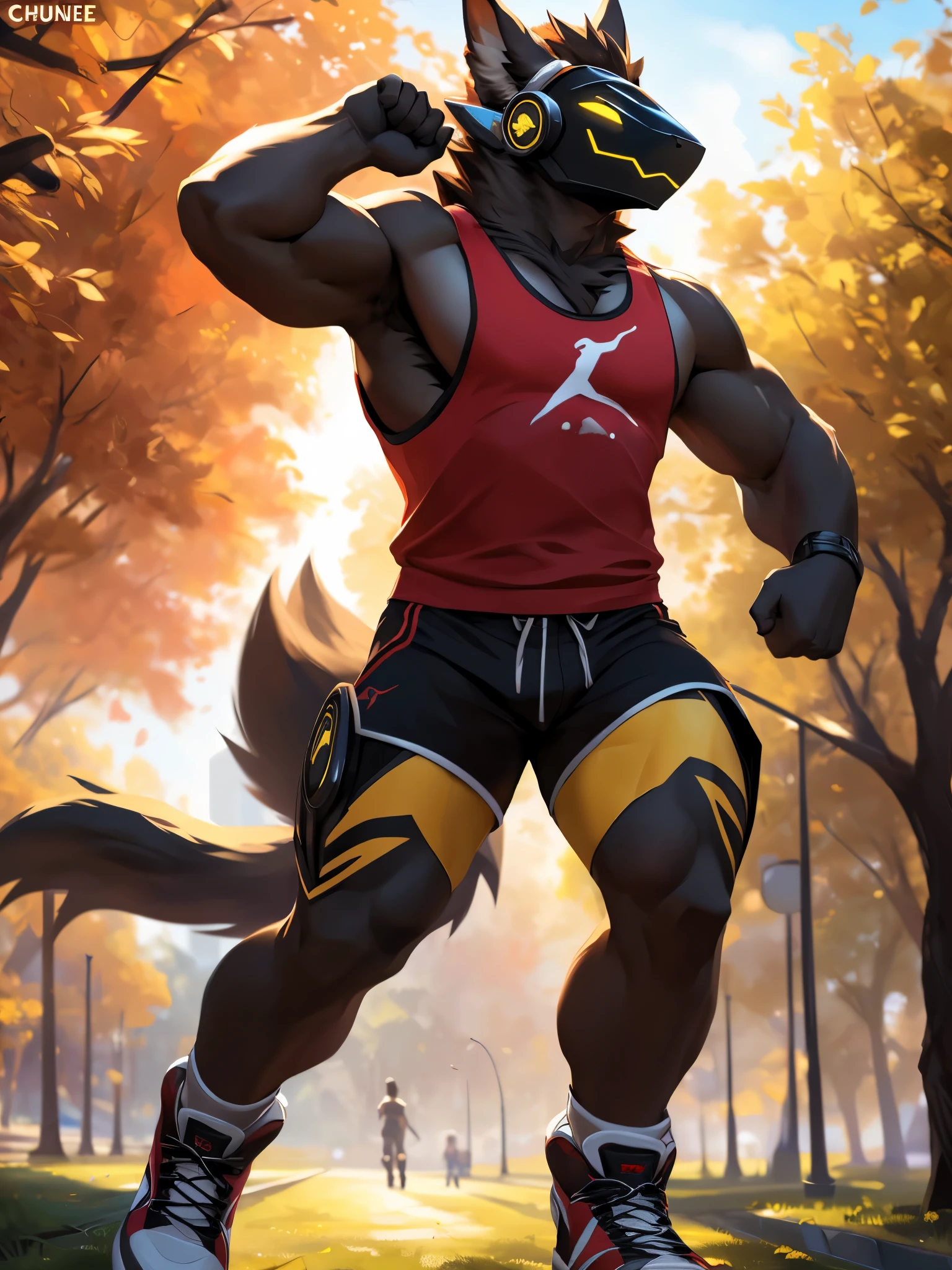 posted on e621, (by Chunie), Protogen,solo,masculine,Dark yellow fur with black stripes on the tips,Muscular, Slim body, full body like, Exercising in the park, tank top,Wear black shorts, Jordan shoes, There are a few leaves blown away, Abstract beauty, ultra detailed face, depth of field, motion blur, high details, high quality, award winning, HD, 16k, (best quality,4k,8k,highres,masterpiece:1.2),ultra-detailed,realistic:1.37,HDR,UHD,studio lighting,extreme detail description,professional,vivid colors,bokeh,lively atmosphere, natural lighting