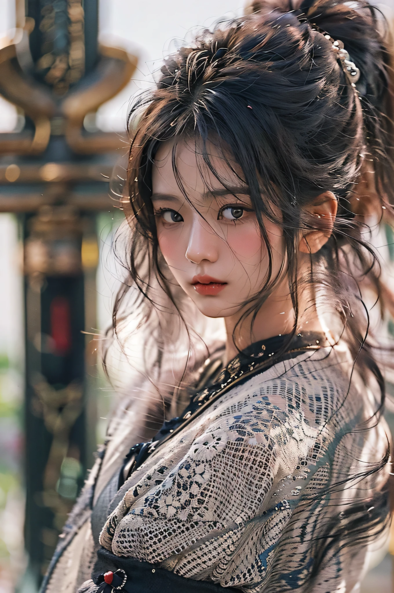 (highest image quality), (masterpiece), (vibrant, photography realistic, Realistic, Dramatic, Dark, Sharp focus, 8K), beautiful, Highly detailed face and skin texture, sexy wedding dress, ethereal beauty, mature asian woman,black messy long hair, make up, nsfw ,Close up shot, ((backlight)), holding sword, samurai wedding