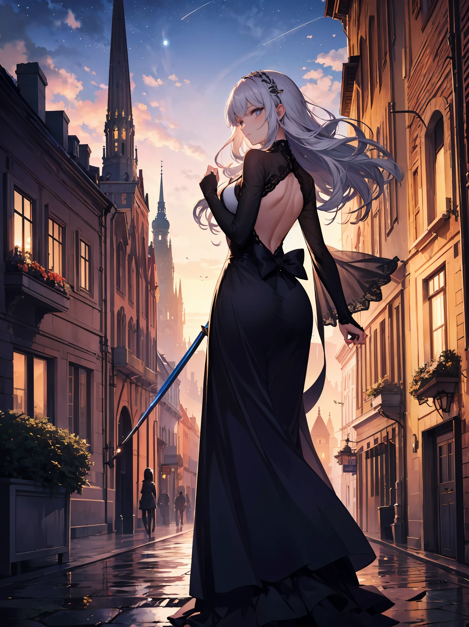 le: "Elegance in Vienna"
The illustration depicts Countess Elara standing on a moonlit rooftop in 1920s Vienna. She wears an opulent gown, her chestnut curls cascading down her back. In one hand, she holds a rapier, its blade catching the starlight. The cobblestone streets below are bathed in a soft glow, and the silhouette of St. Stephen's Cathedral stands tall in the distance.