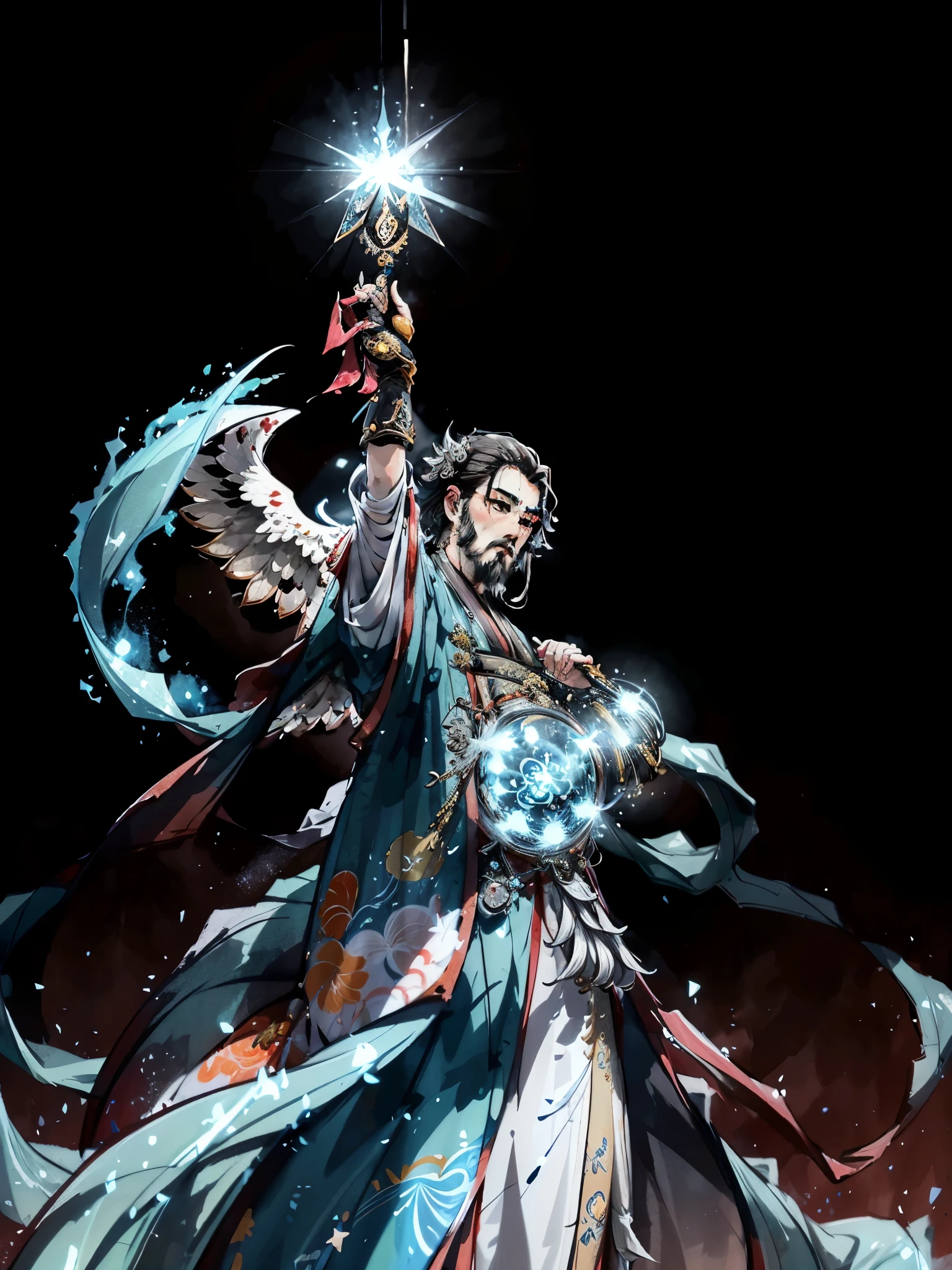 A painting of a man holding a star above his head, Lucifer, Luna, Shikanosuke Yagaki, Inspired by Dongzhou Zai Sharaku, The shaman who lifts the universe, a huge celestial titan, The legendary god holding a fan made of crane feathers, light magician, Wearing flowing robes，China&#39;s Three Kingdoms period，Zhuge Liang，Dying of old age，Wu Daozi's painting style，The whole body is red sunset scenery，The clothes are red，older asian male，Have a long white beard，Confucianism，Confucius