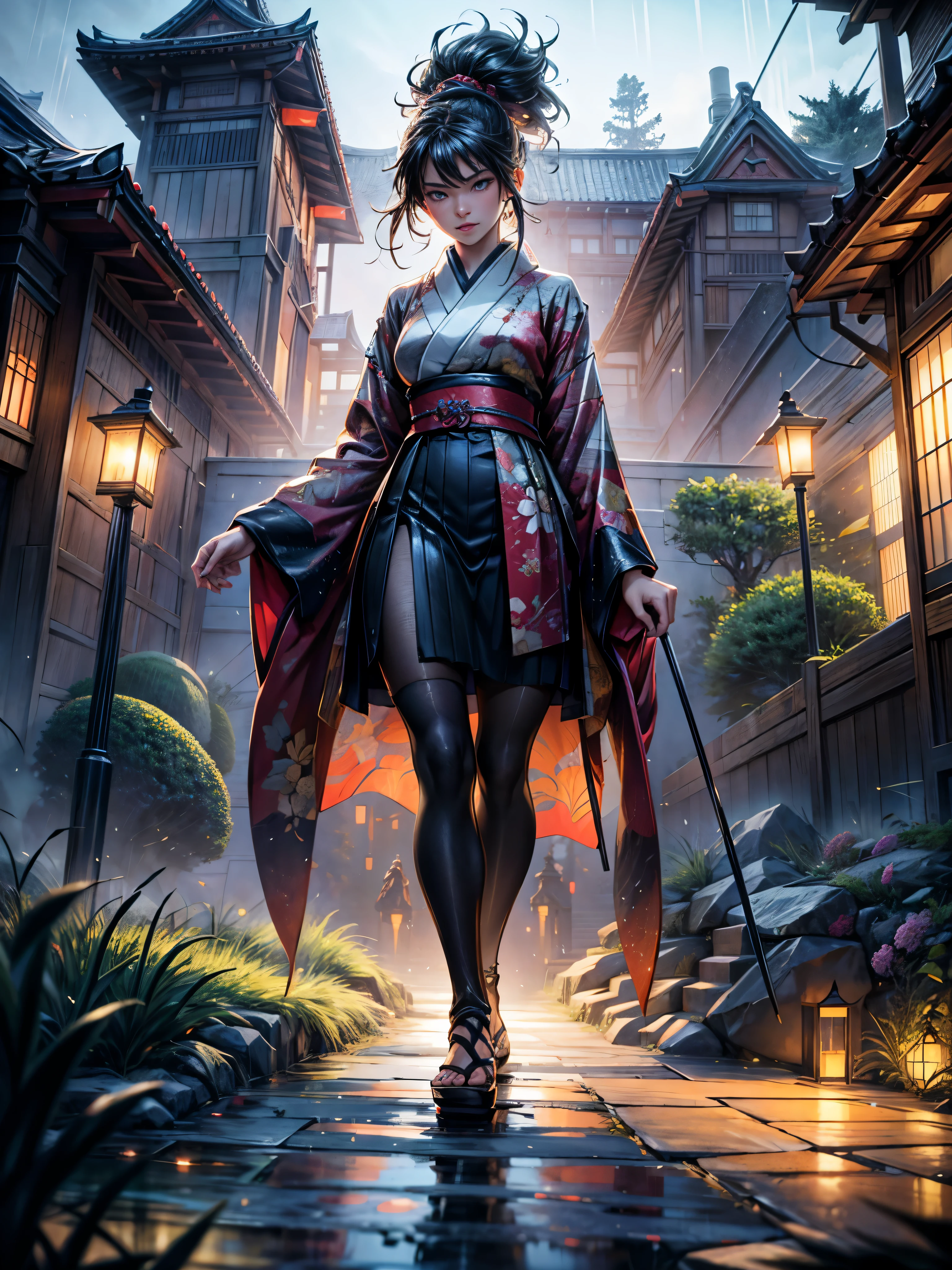 girl standing on a dune, overlooking a vast cinematic landscape. The girl got wet in the pouring rain, her clothes stick to her body. She is surrounded by a majestic Japanese mansion., with traditional architecture and beautiful gardens. The mansion stands on a pure white background., which enhances the bright colors of the scene. The picture resembles a cinematic illustration, found on the CGSociety website., a showcase of digital art and concept art. The image quality is exceptional, with HD resolution, 4k, and even 8k or 16k, Provides super detail and sharpness. The lighting in the scene is carefully thought out., with cinematic lighting techniques and ray tracing, used to create a realistic and immersive atmosphere..