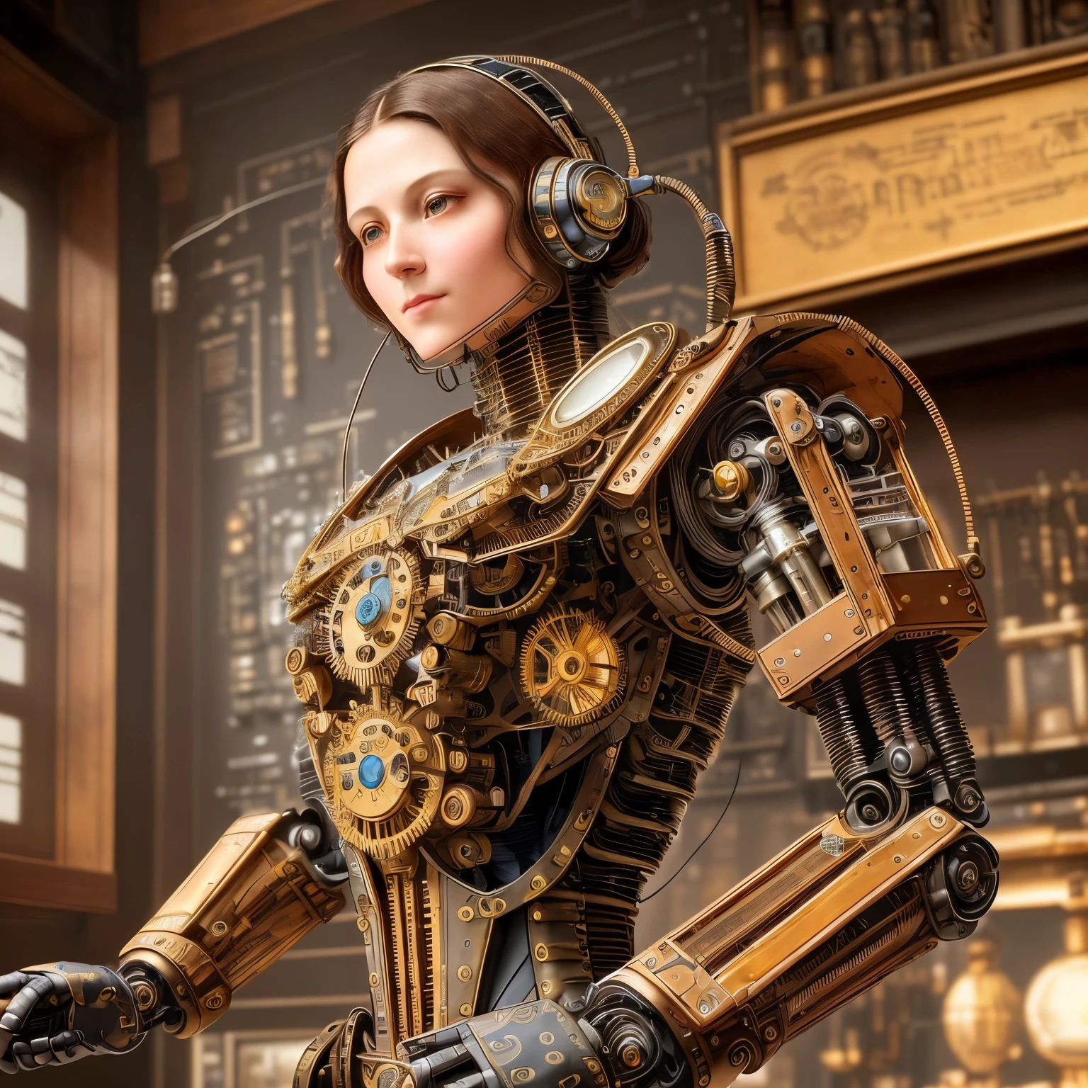 A mesmerizing fusion of technology and artistry: A robot, meticulously crafted in the spirit of Leonardo da Vinci, (intricate details: 1.4), (steampunk aesthetic: 1.2), (wires and gears: 1.3), HDR, (realism: 1.5), captivating blend of copper and brass, lifelike expression, glassy orbs mimicking human eyes, sleek and polished exterior, hyperrealistic textures, cinematic silence as it brings da Vinci's masterpieces to life.