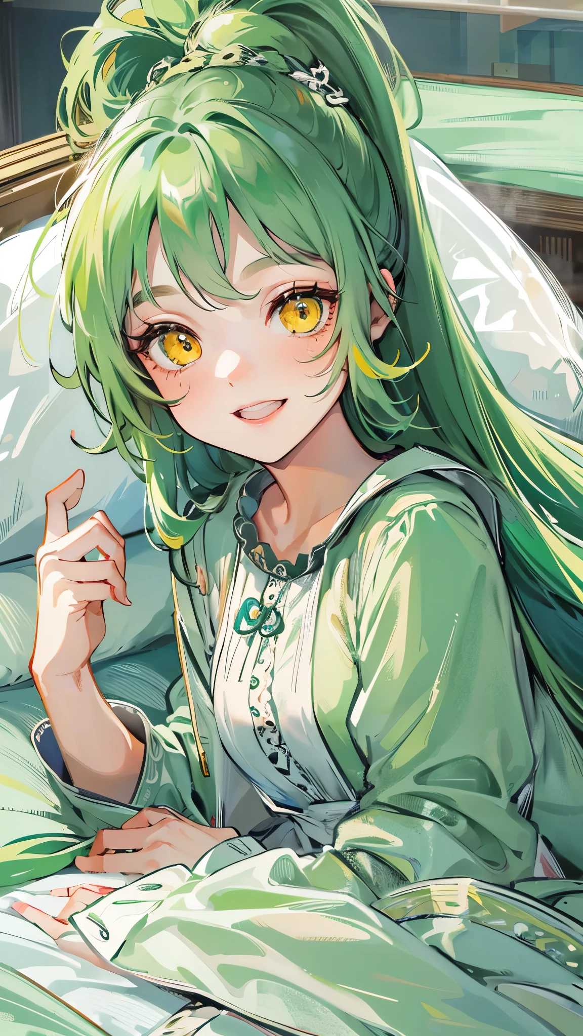 perfect anatomy, masterpiece:1.2, best quality, 8k, beautiful detailed grow, daydreaming expression, in the night, (Lying in bed), (solo ponytail green hair long hair divine cute girl, 14 yo, cute yellow eyes, sexy smile), in a cute green pajamas dress, in the sweet bedroom.
