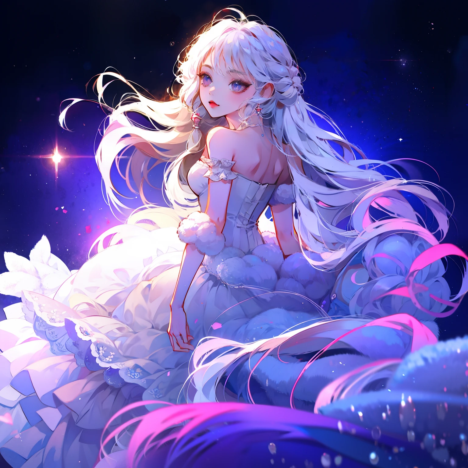 1 girl，high resolution，high quality，masterpiece，MXMK white dress，bare shoulders，purple eyes，white dress，braid
