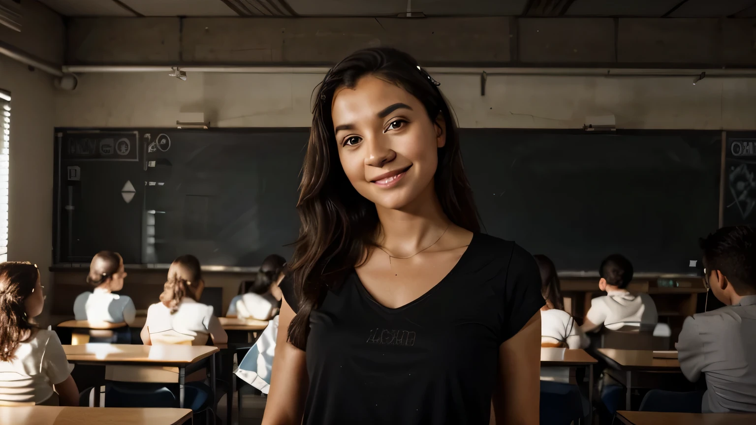    Long haired girl, black, straight, smile, White teeth, clean eyes, beautiful, sweet, ethnic Malaysian, both hands holding glasses on his head, teacher, Petronas location.