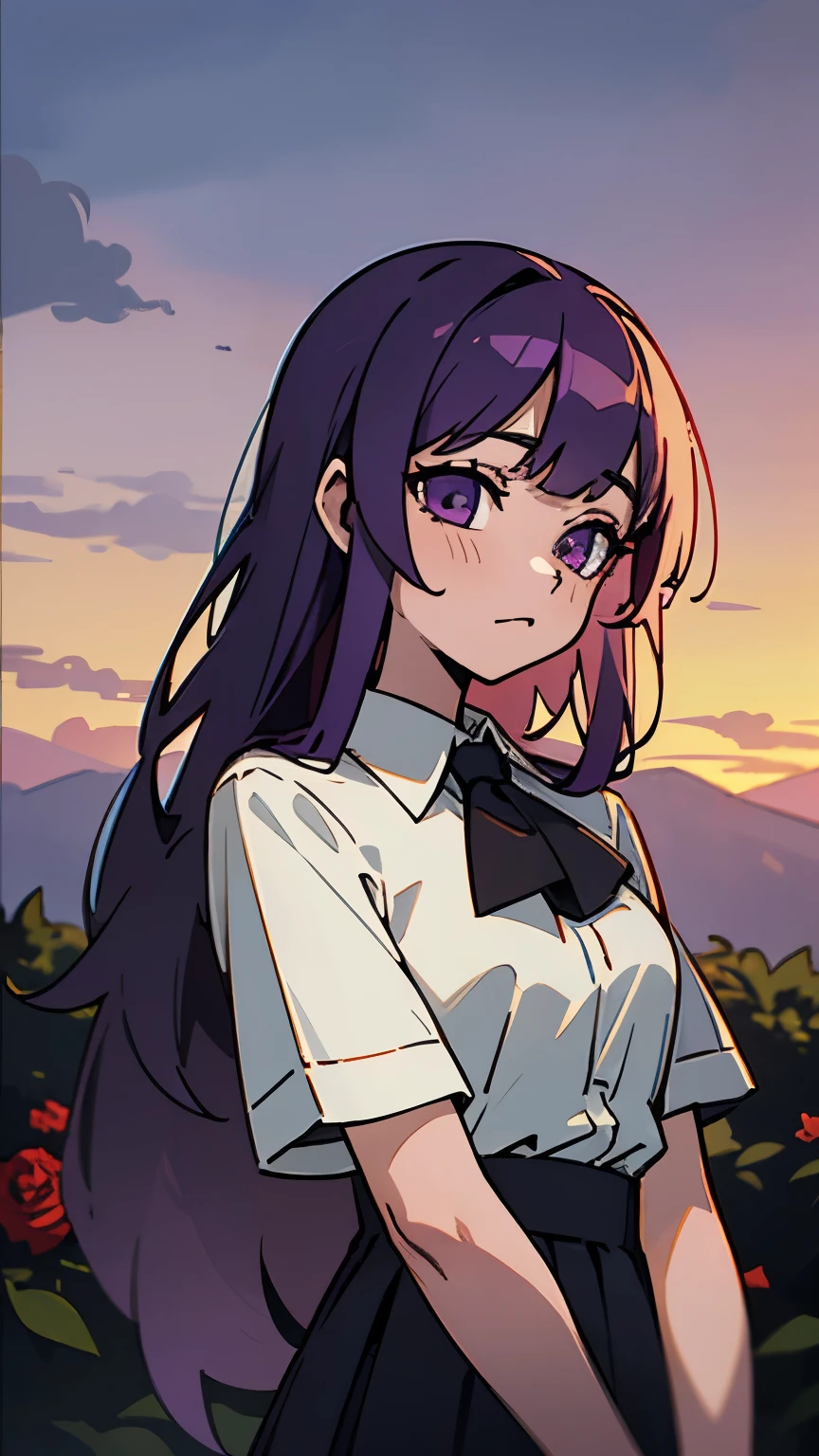 grassland,Sunset,8k resolution,long purple hair,purple eyes,roses,black pleated skirt,white shirt