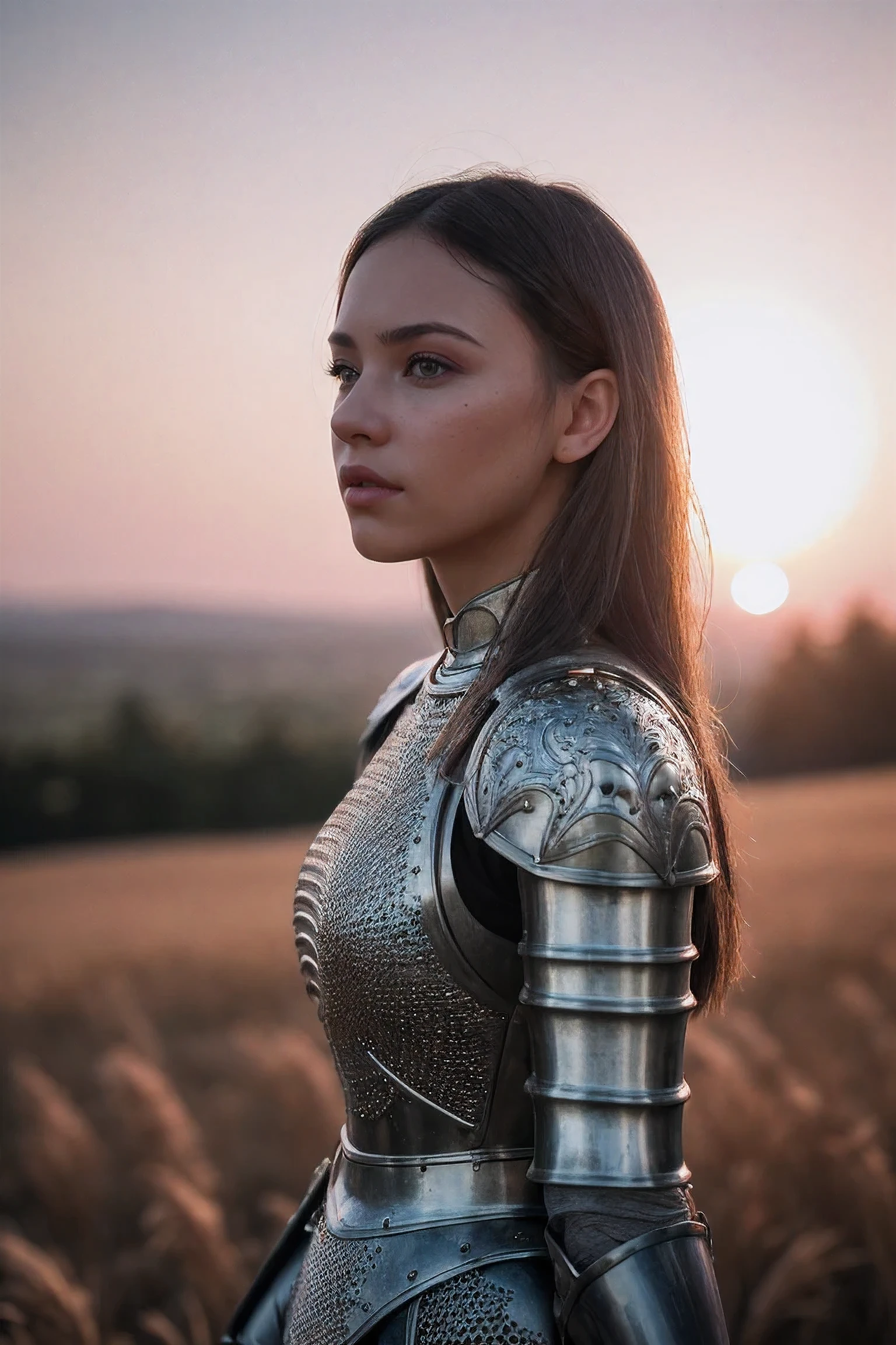 (masterpiece), (extremely complex:1.3), (actual), portrait of a girl, the most beautiful in the world, (medieval armor), metal reflection, Upper body, Outdoor activities, strong sunlight, distant castle, Detailed professional photo of a stunning woman, sharp focus, dramatic, Award-winning, movie lighting, Unreal Engine Octane Rendering,  Volumedtx, (film grain, blurred background, Blurred foreground, Bokeh, depth of field, Sunset, motion blur:1.3), chain mail