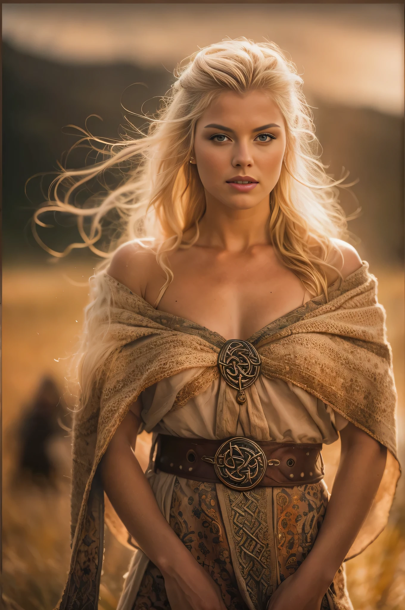 Masterpiece, a beautiful Viking woman, ((Marilyn Monroe:Michelle Pfeiffer:0.5)), (high detail plunging Celtic gown), (medium breasts), (perfect body), (blonde matted hair), (short hairstyle), outside, (skin texture:1.1), best quality, ultra high res, Raw photo, Nikon D850, backlight, rimlight, bright sunlight, film grain:1.2, (warm hue, warm tone:1.2), (color photo), fantasy Viking village background