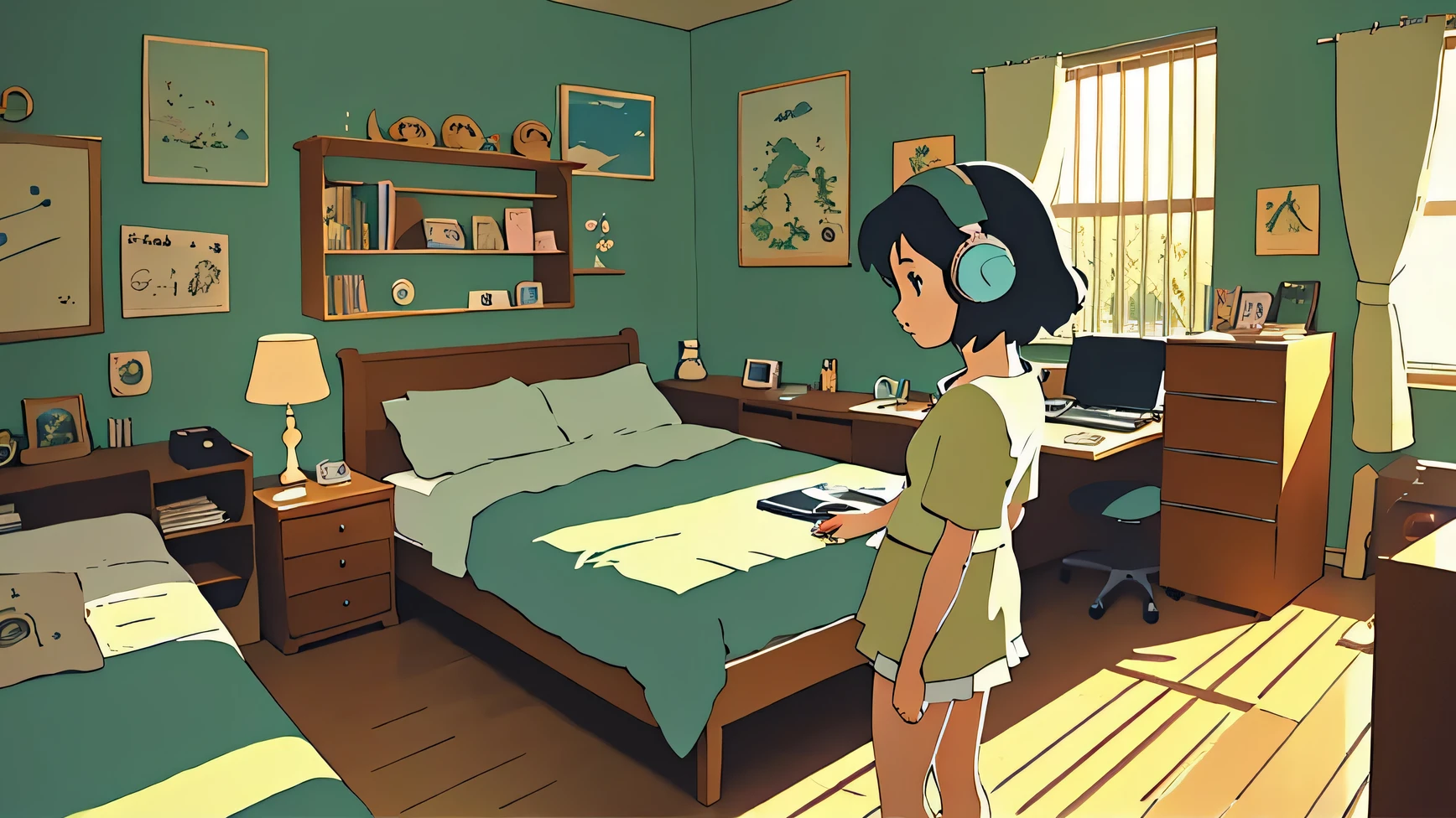Anime girl studying in her room while listening to music on headphones,style of studio ghibli, Studio Ghibli aesthetics, Studio Ghibli composition, studio ghibli art style, Ghibli Anime Style,profile,stylish room