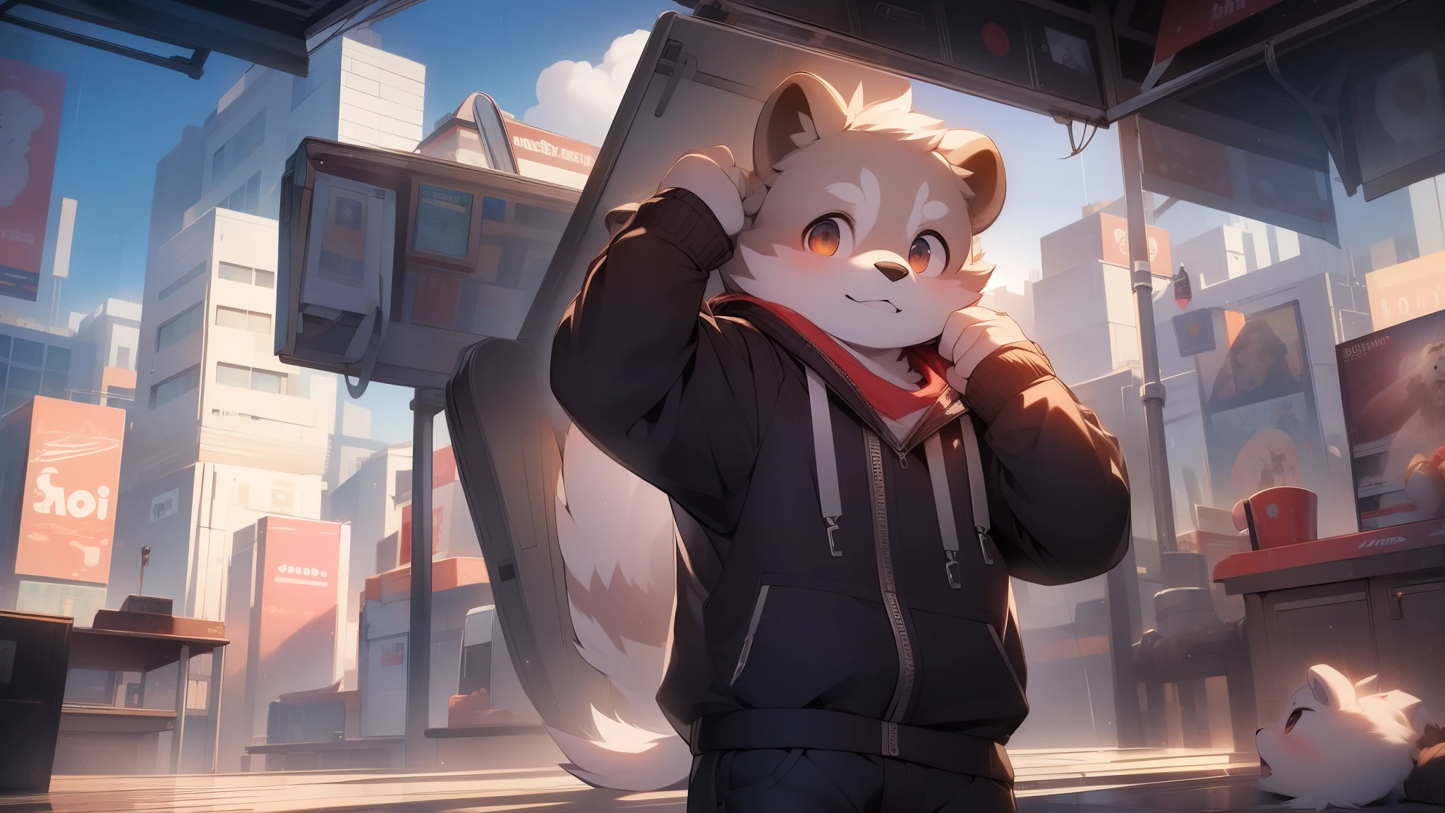 (alone:1.5),(masterpiece:1.5),(best quality:1.5)cute,grizzly bear,Slightly fat,Bear cubs,rainy day,City,Hold an umbrella