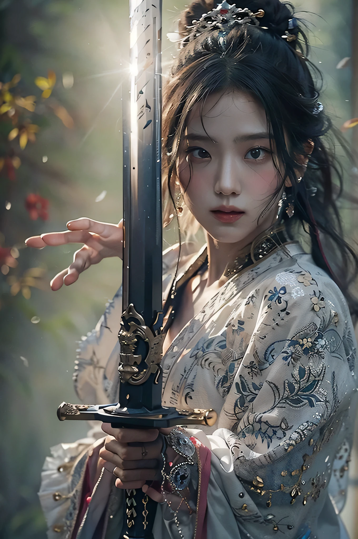 (highest image quality), (masterpiece), (vibrant, photography realistic, Realistic, Dramatic, Dark, Sharp focus, 8K), beautiful, Highly detailed face and skin texture, sexy wedding dress, ethereal beauty, mature asian woman,black messy long hair, make up, nsfw ,Close up shot, ((backlight)), holding sword, samurai wedding