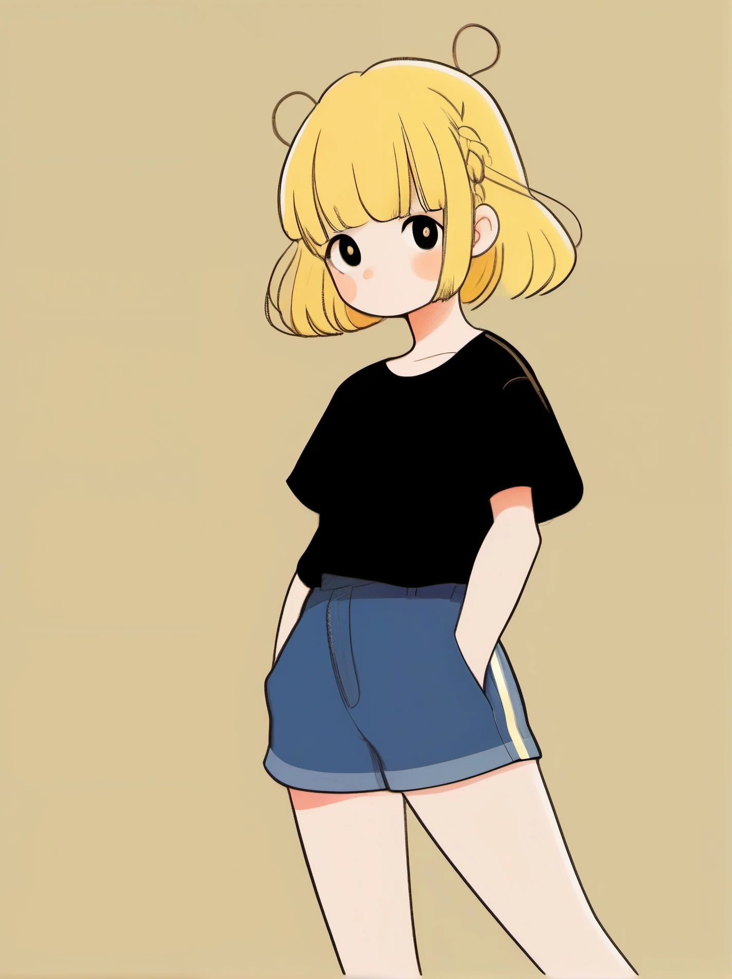 (((upper body))), cute comic, 1girl, solo,(braid:1.2), yellow hair, simple background, black shirt, short sleeves, bangs, looking at viewer, black eyes, (long pants), upper body, pants, signature, blush