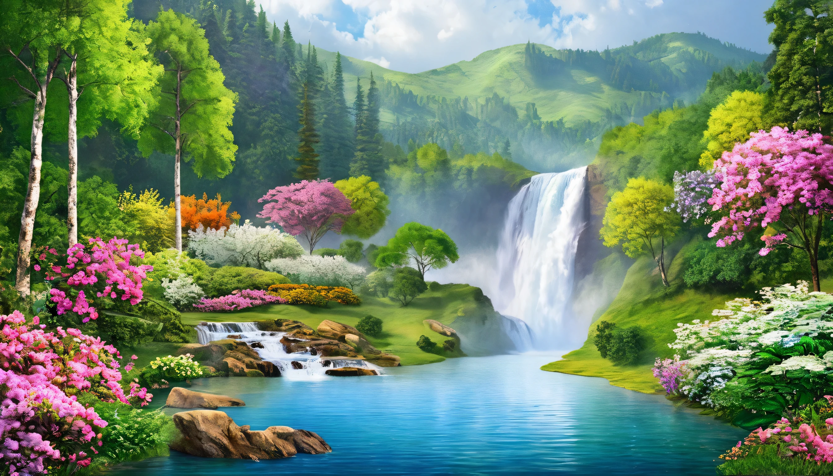 Painting of a waterfall in a forest with flowers and trees - SeaArt AI