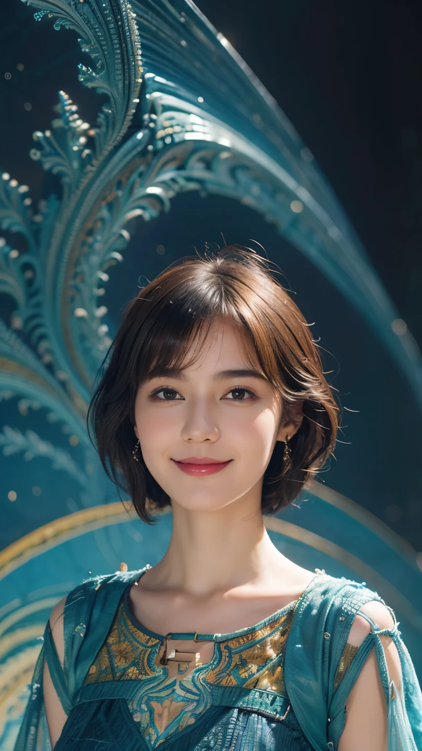 177 Short hair, 20 year old woman, gentle smile, (Abstract background,fractal art:1.46)