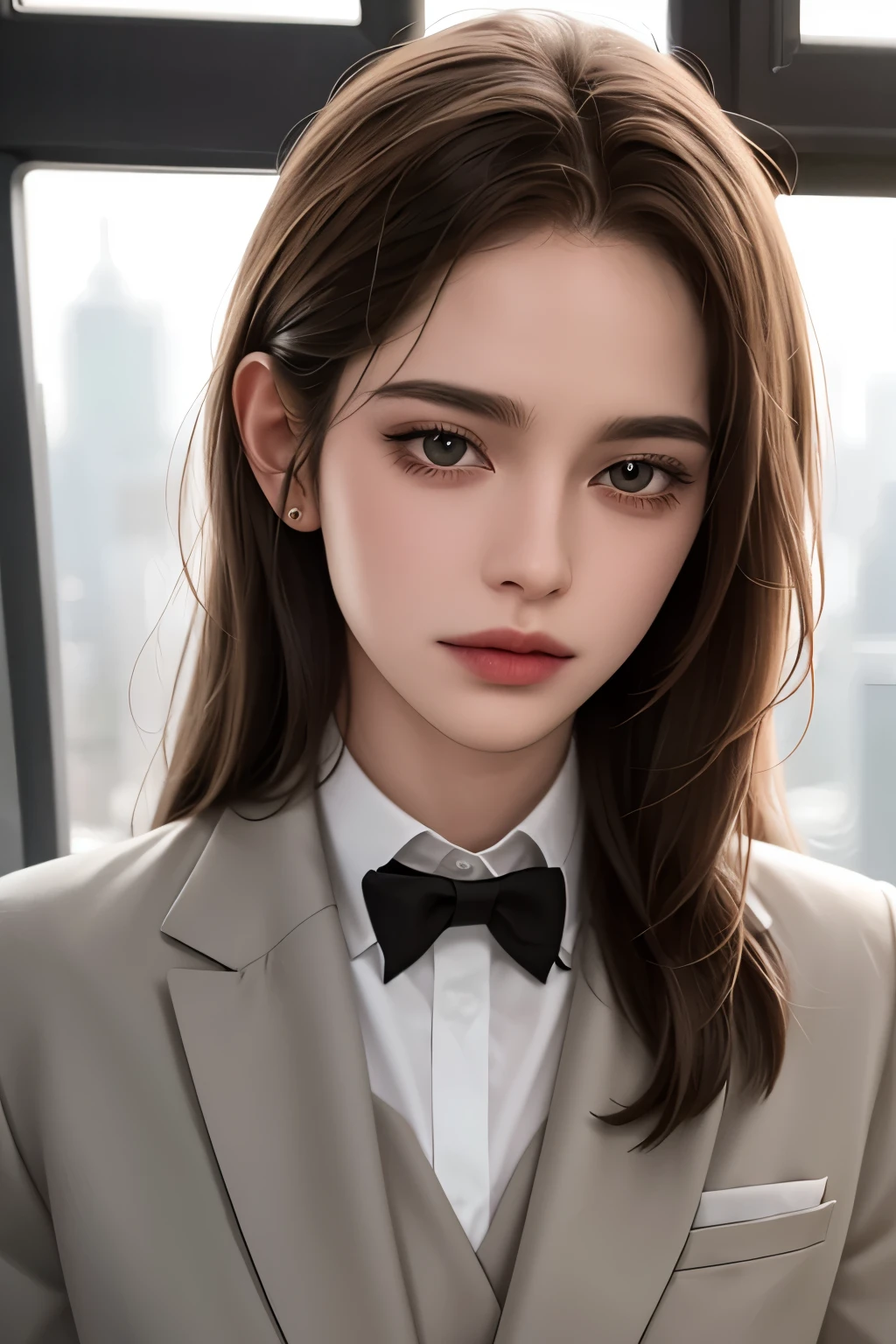 Girl, long soft brown hair, gray eyes, sharp features, white skin, school uniform