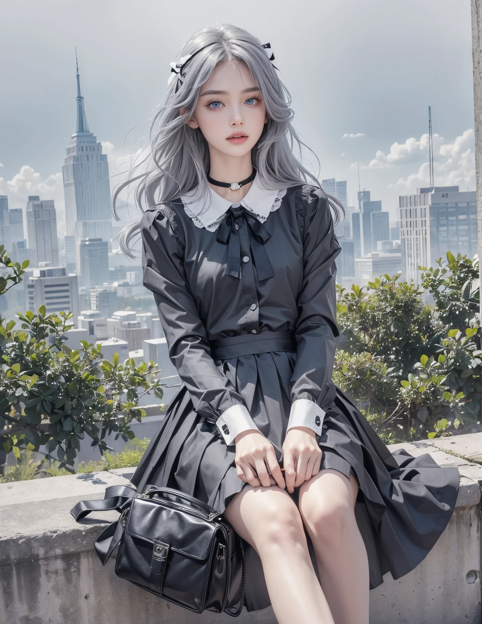 mode fashion collection, ultra detailed, beautiful, masterpiece, best quality, _ BREAK Beautiful perfect model, 22 Age, 165 cm, Tightened all body, Perfect and beautiful legs, gray hair, Brightly colored eyes, Diteled face, (big eyes:1.2), dropy eyes, Double eyelid, light color eyes, Shiny eyes , Diteled eyes, (small head and face:1.4), _ BREAK arranged hair, Diteled hair, _ BREAK Perfect art background, Fog, mist, _ Ultra-Cute Monochrome Ensemble with Ribbon Theme, Create a girly and ultra-cute ensemble composed of white, black, and grey tones, centered around a ribbon theme, Start with a white blouse featuring puffy sleeves and a Peter Pan collar adorned with delicate black ribbon trim, Pair the blouse with a pleated grey skirt with black ribbon accents, adding movement and charm to the look, BREAK Layer the ensemble with a cropped black cardigan featuring white polka dots and ribbon bows for a playful touch, Accessorize with a black ribbon choker necklace adorned with a sparkling gemstone pendant, adding a hint of elegance to the outfit, BREAK Complete the ensemble with white knee-high socks adorned with black ribbon bows and patent leather Mary Jane shoes for a classic yet adorable finish, Carry a black handbag with white ribbon detailing, matching the overall theme of the ensemble, BREAK //Accessories White ribbon hair bow adorned with a small black bow for a whimsical hairstyle, Black ribbon wristwatch with a round face and white dial for a subtle yet stylish accessory, BREAK (gray hair, blue eyes:1.4),