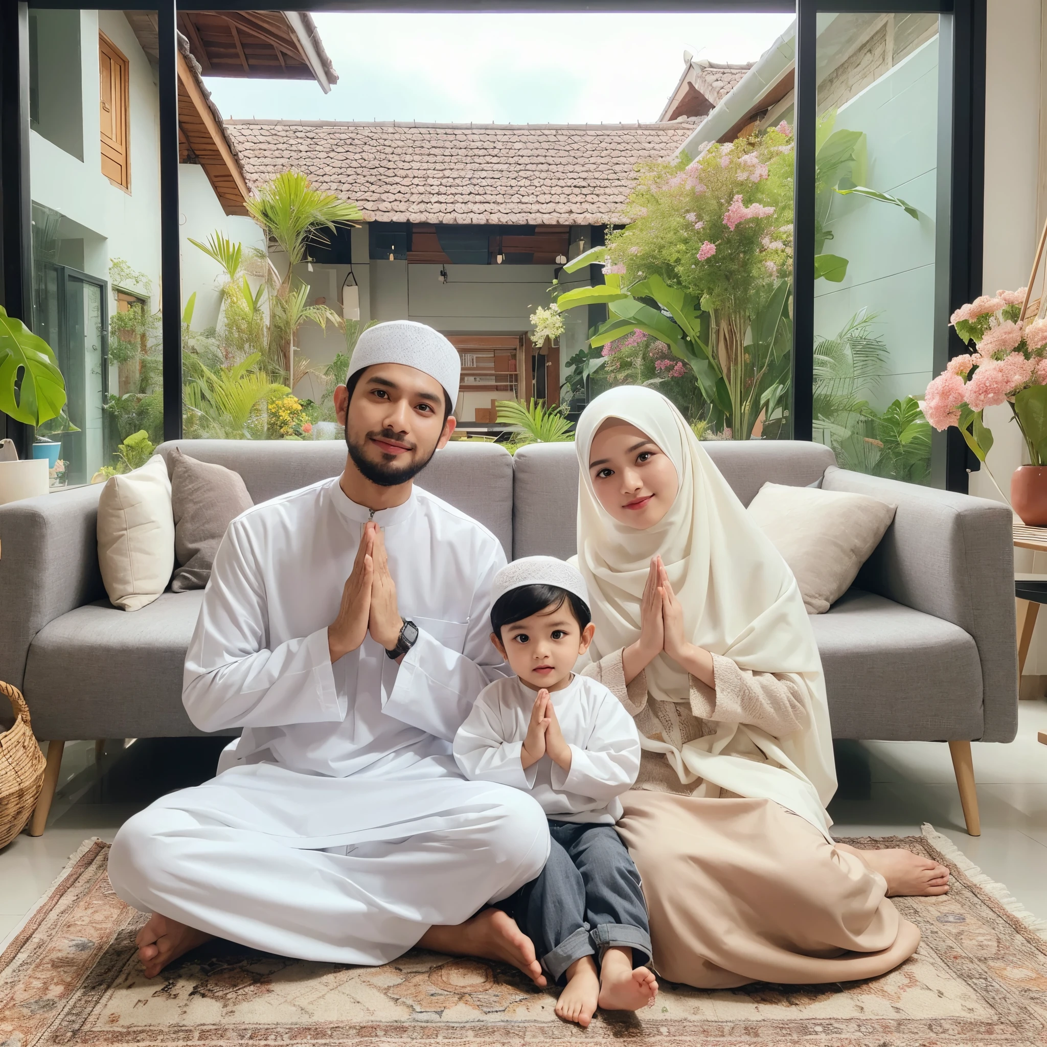 foto sebuah keluarga muslim, terdiri dari ayah, ibu (memakai hijab putih), balita laki-laki, balita perempuan, indonesia, memakai baju muslim warna putih, posisi tangan namaste, full body shot, UHD, hyperrealistic, detail, sedang duduk di sofa, latar belakang ruang keluarga yang terbuka dengan teras atau halaman belakang yang terlihat di belakang, dengan tanaman hiasan dan bunga-bunga yang mekar, menambahkan kesan kehangatan dan kebersamaan dalam suasana alam terbuka.
