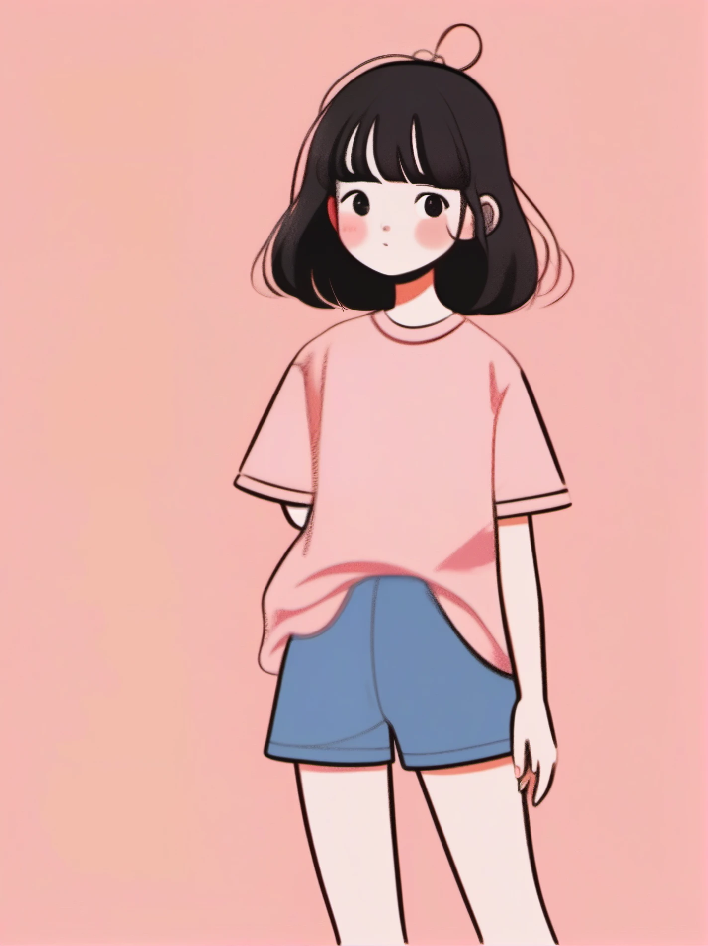 cute cartoon, 1 girl, shirt, alone,  simple background, short sleeve, bangs, looking at the viewer, black eye,  black pants, Upper body, pants, blush
