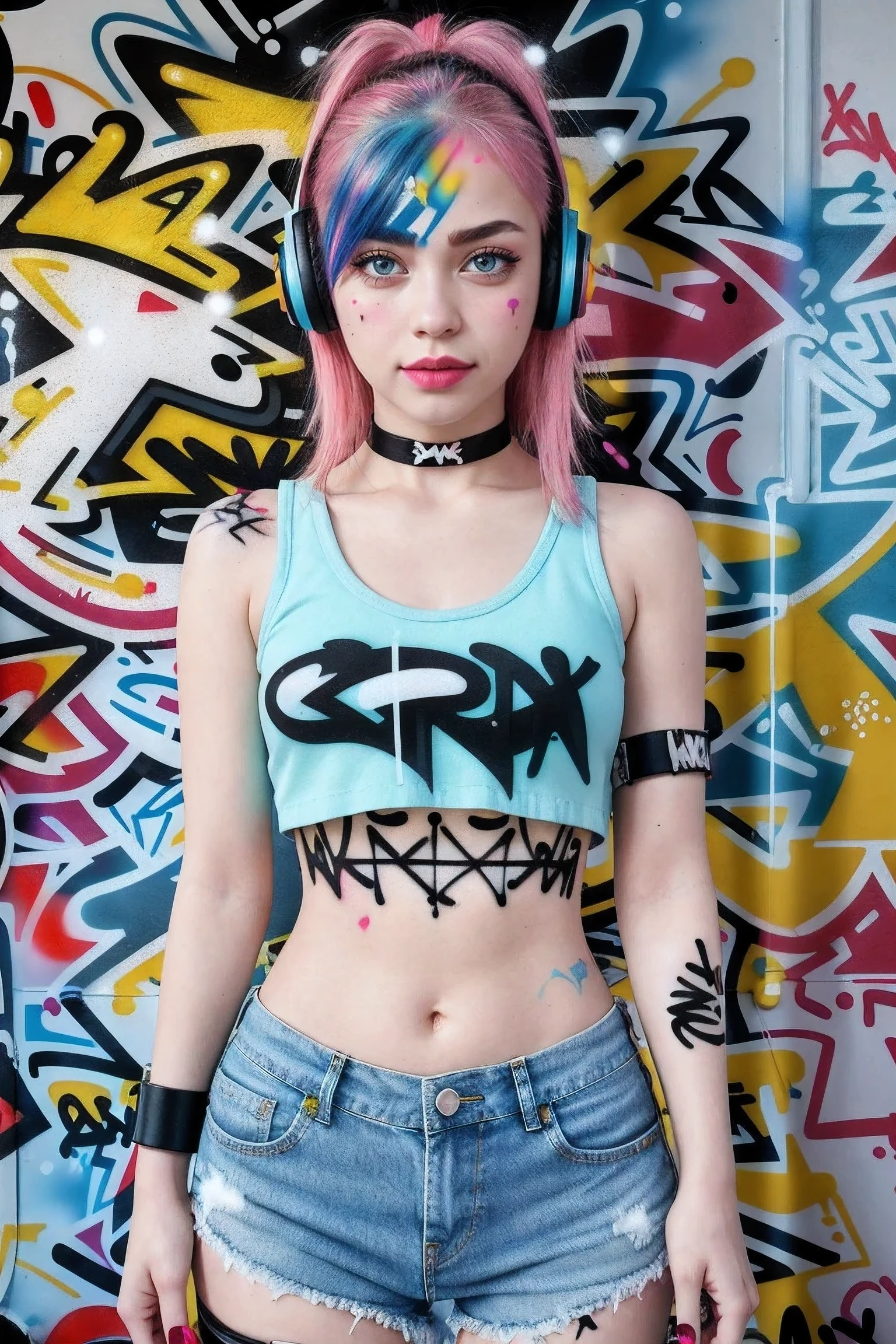 1 girl, alone, crop top, Denim shorts, collar, (Graffiti:1.5), paint splatter, Put your arms behind your back, against the wall, looking at the audience, armband, thigh strap, Apply to body, head tilt, boring, colorful hair, aqua eyes, earphone