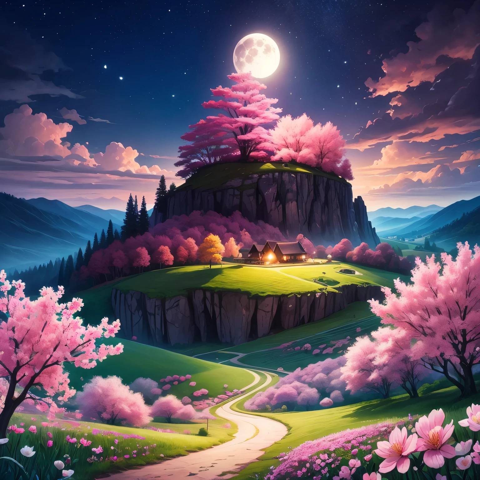 Beautiful landscape painting with full moon and flowers, background artwork, Beautiful art UHD 4K, background art, landscape artwork, quirky fantasy landscape art, dreamy landscape, mysterious flower hill, 4K detailed digital art, Spring evening, 4K high-definition digital art, Nature landscape at night, cherry blossom forest, A painting depicting a dreamscape, dream scenery art