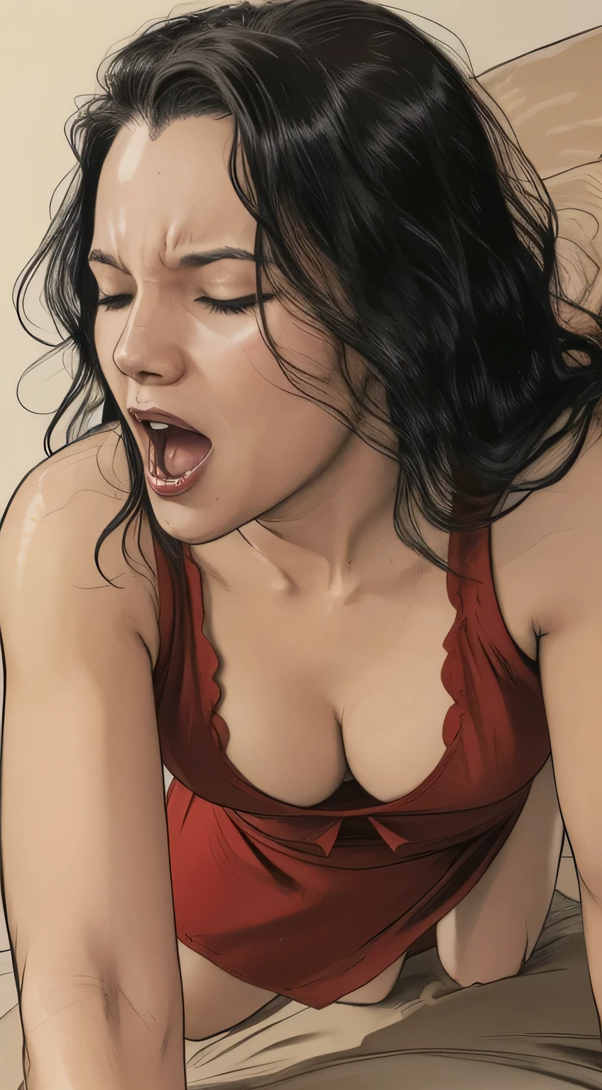 ((view from below, close-up, open mouth)), a 25yo woman (wavy black hair), (((yawning, gape, closed eyes, open mouth, feel pain))), yawning, (large thighs), ((flat chest)), (large hips, thick thigh) ,collar, (tshirt nipple mark), (wearing a red sleep dress:1.2), ((Leap Frog sex pose, ass focus, submissive pose, on all fours))