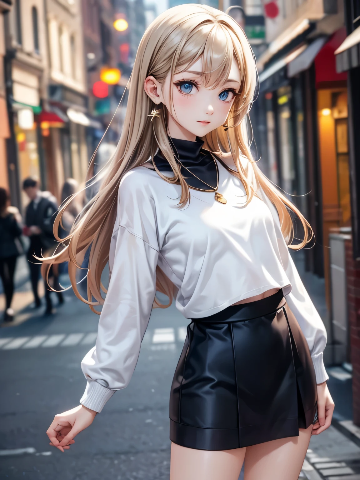 ((Biologically correct number of limbs))、((The number of fingers on one hand is 5))、((full body shot, Full body photo including face、head to toe photo))、standing position、[NSFW]、4K、masterpiece、((focus on the face))、((Symmetrical facial features))、Eyes of minute description、Beautiful woman、outstanding style、beautiful clavicle、beautiful legs、slender body、(small ass、thin thighs）、(high heels）、Detailed depiction of faces、small earrings、necklace、Low - Angle、(upper body sweatshirt、lower body skirt）、Holiday morning scenery、