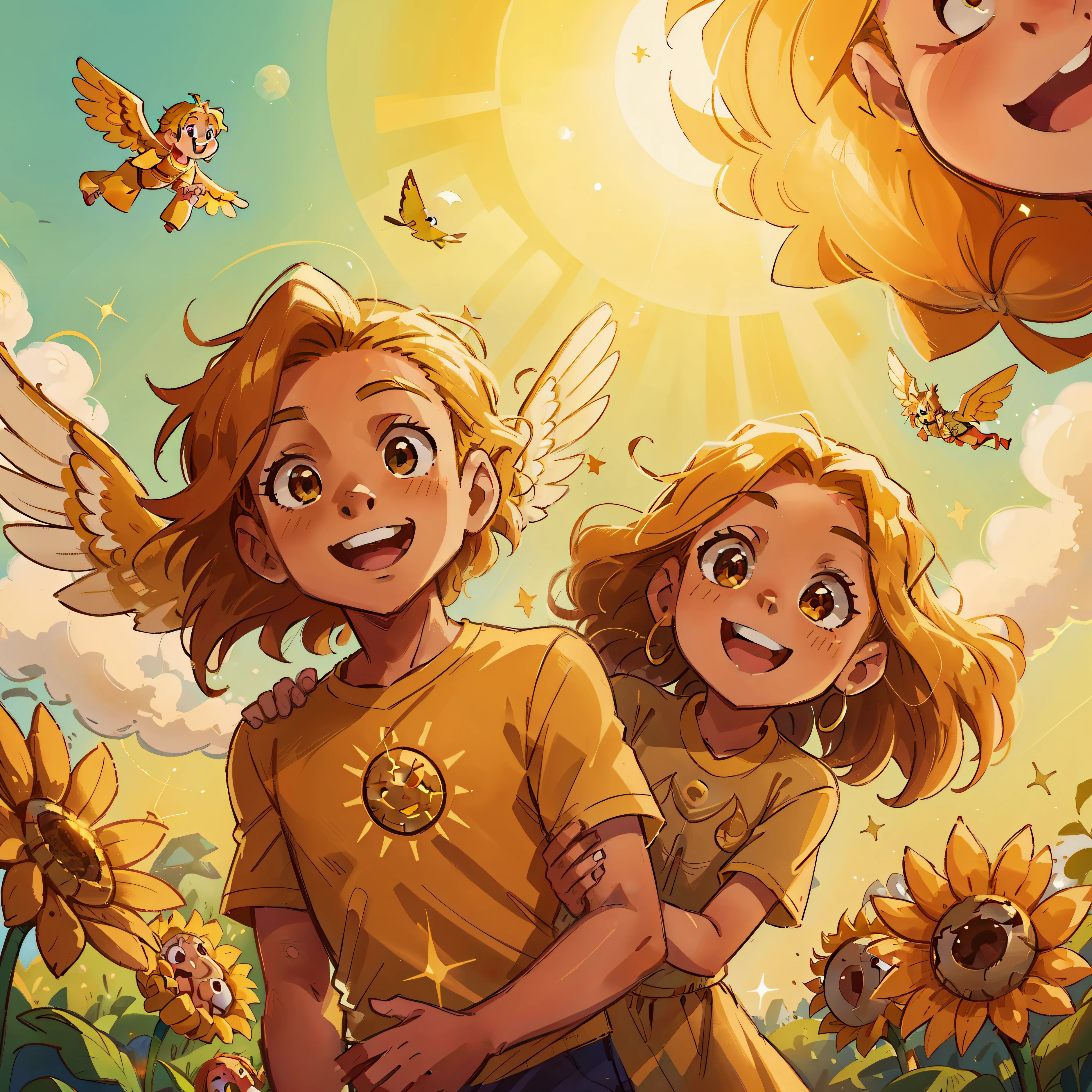 Chico y chica, dioses del girasol, volando en el cielo (Un joven y una joven, dioses del sol, volando en el cielo)
Dos figuras radiantes se elevan con gracia sobre la tierra., sus rasgos juveniles y vibrantes reflejan los tonos dorados del sol. Chico, El joven, He has a muscular build and a warm, sonrisa brillante que ilumina los cielos. Chica, la joven mujer, It is elegant and agile, su largo, golden curls shining in the sunlight as he looks at the viewer with a captivating expression.. sus alas, celebrated symbols of the dioses del sol, flutter gently behind them,
