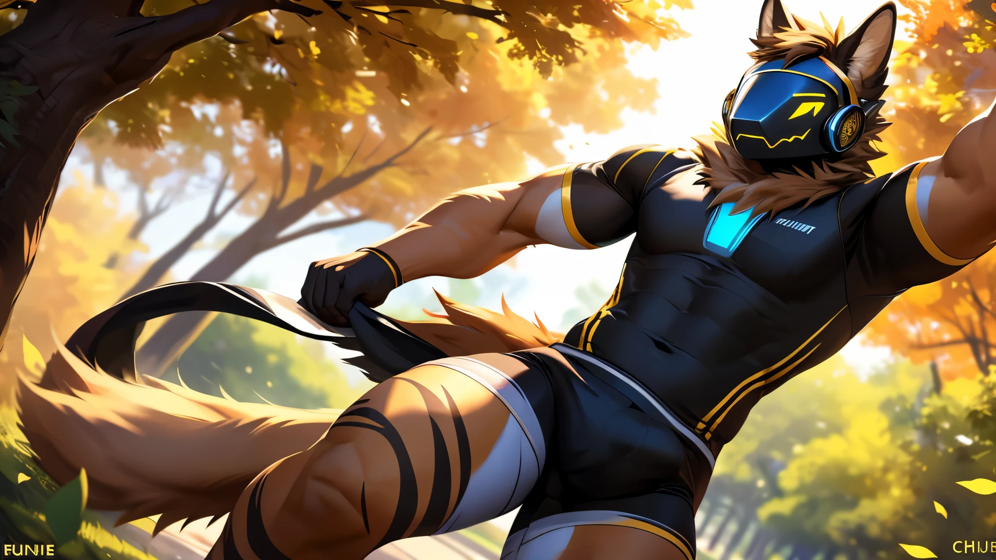 posted on e621, (by Chunie), Protogen,solo,masculine,Dark yellow fur with black stripes on the tips,Muscular, Slim body, full body like, Exercising in the park, Jersey clothes,Wear black shorts,There are a few leaves blown away, Abstract beauty, ultra detailed face, depth of field, motion blur, high details, high quality, award winning, HD, 16k, (best quality,4k,8k,highres,masterpiece:1.2),ultra-detailed,realistic:1.37,HDR,UHD,studio lighting,extreme detail description,professional,vivid colors,bokeh,lively atmosphere, natural lighting