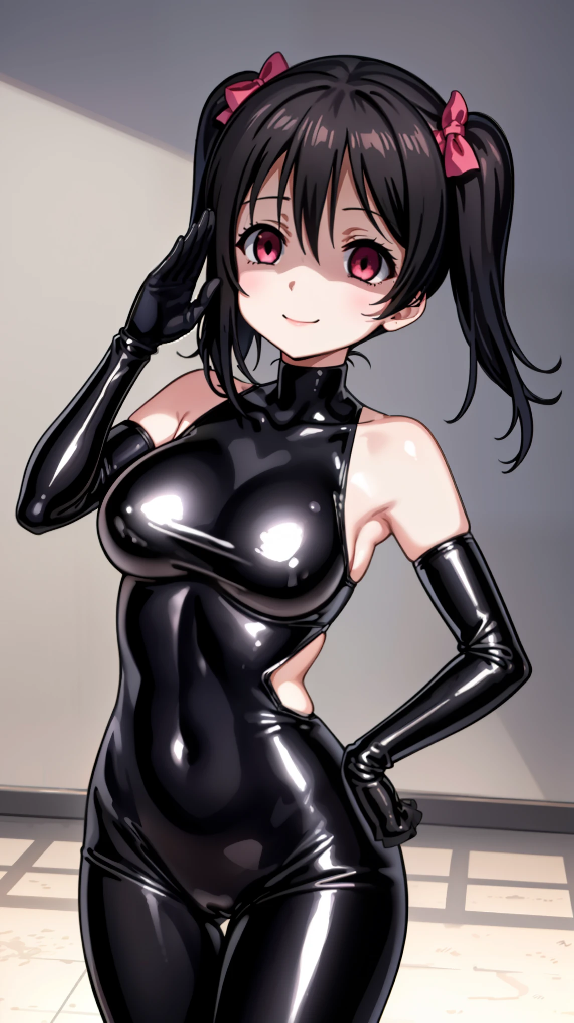 1 girl,NSFW,Nico Yazawa ,(lovelive),clavicle, purple glowing eyes,absurd, brainwashing,empty eyes,shaded face,  big breasts, fearless smile,(black latex tight bodysuit),avert your eyes , 全身shape, ((stand up, salute)),(highest quality、4k、8k、High resolution、must have:1.2)、Super detailed、(reality、reality的なです、reality的な:1.37)、ticker、hyper hd、studio lighting、ultra definition paint、sharp focus、Physically based rendering、extreme details、Professional specifications、vibrancy and color、blurry、sports portrait、landscape、horror style、anime big breasts、SF、photograph、concept artist、five fingers, perfect body,  {{{masterpiece}}}, {{{highest quality}}}, {{Super detailed}}, {shape}, {{very delicate and beautiful}},Improved cost performance、all roles、Canon 5D MK4でphotograph、photograph, 