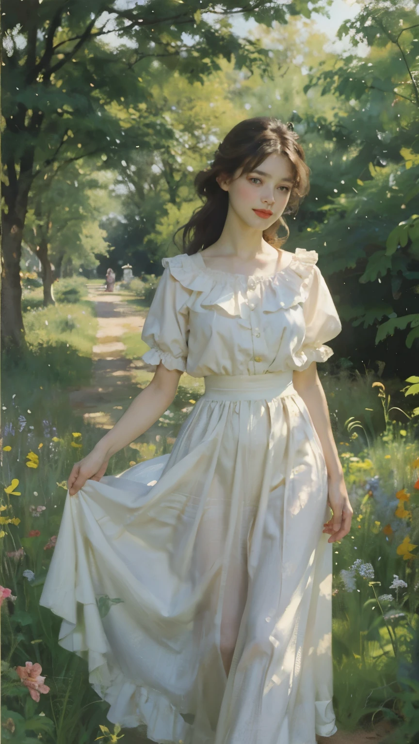 (Sargent style watercolor)、(highest quality、masterpiece)、soft light、(bright and sharp blue eyes), (flowing white dress), (Set in lively gardens), (Surrounded by blooming flowers and lush greenery), (Warm light and gentle sunshine), (A subtle breeze gently rustles her hair), soft pastel colors, dreamy atmosphere, (charming).