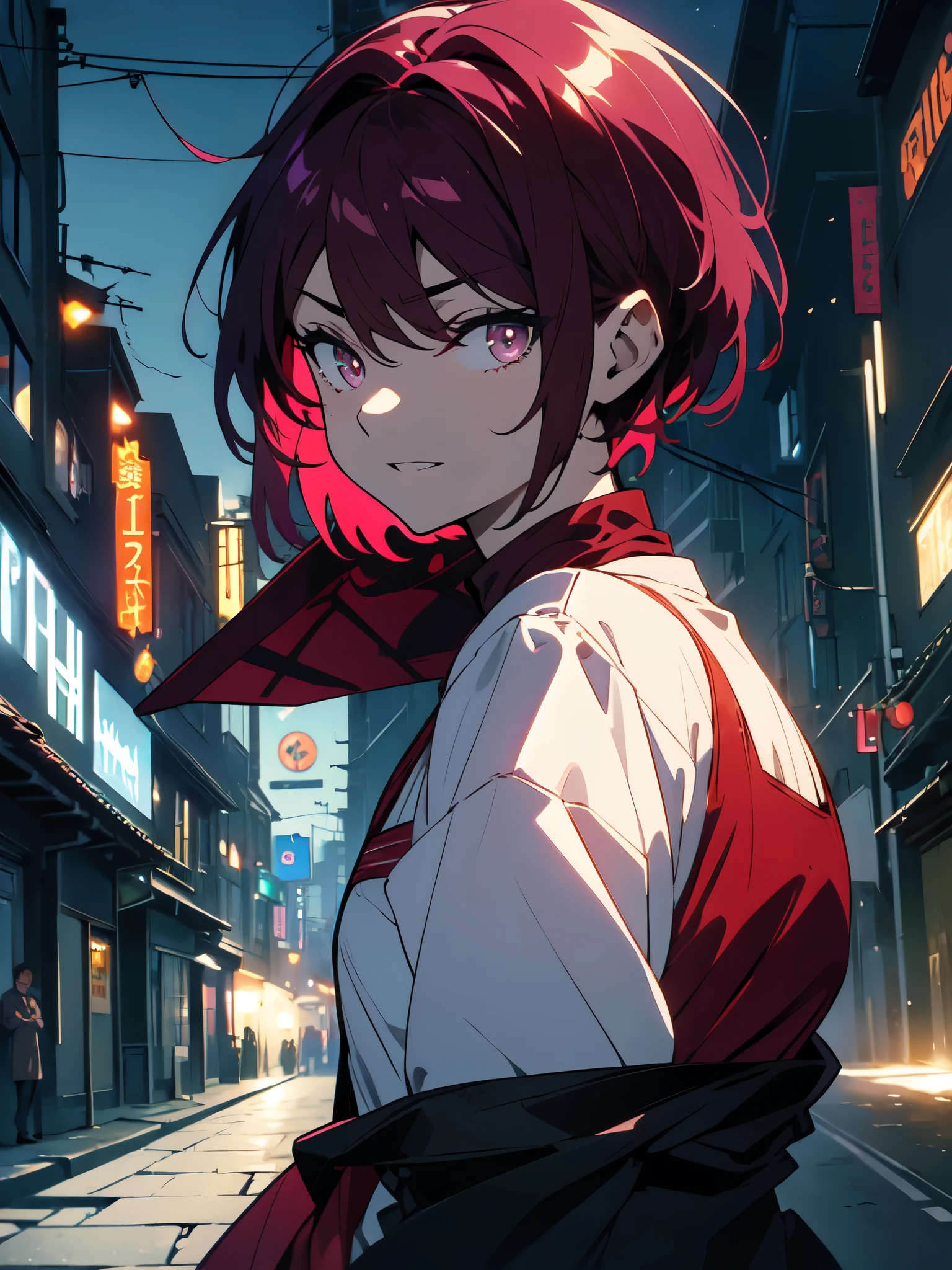 (masterpiece, highest quality、detailed)、(shining eyes), ((One young man)),((cool boy))、(Burgundy hair,inner color)、colorful eyes,serious expression, wicked smile,line drawing,(all back、reap))、messy hair、(short hair),(Asymmetrical hair、two block hair),white blazer,black t-shirt,expressionless eyes,((beautiful animeスタイル))、(dark and serious background),(dark back alley)、(downtown at night)、beautiful anime
