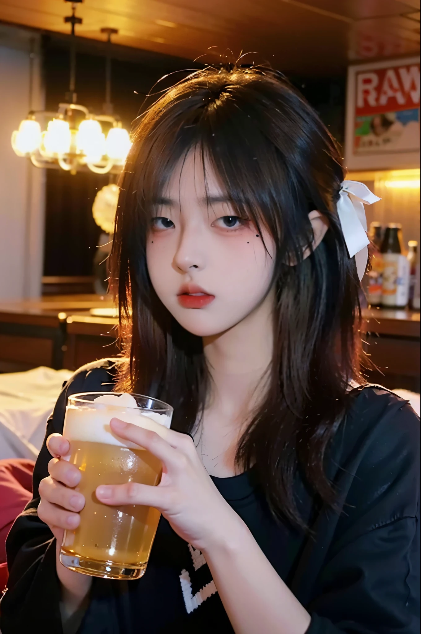 (8k, RAW photo:1.2)detailed face and eyes,最high quality, 超A high resolution, very detailed ,intricate details、bedroom、Holding a beer、pretty girl , soft movie-like light, hyper detail,sharp focus, high quality, dripping from, in strip club