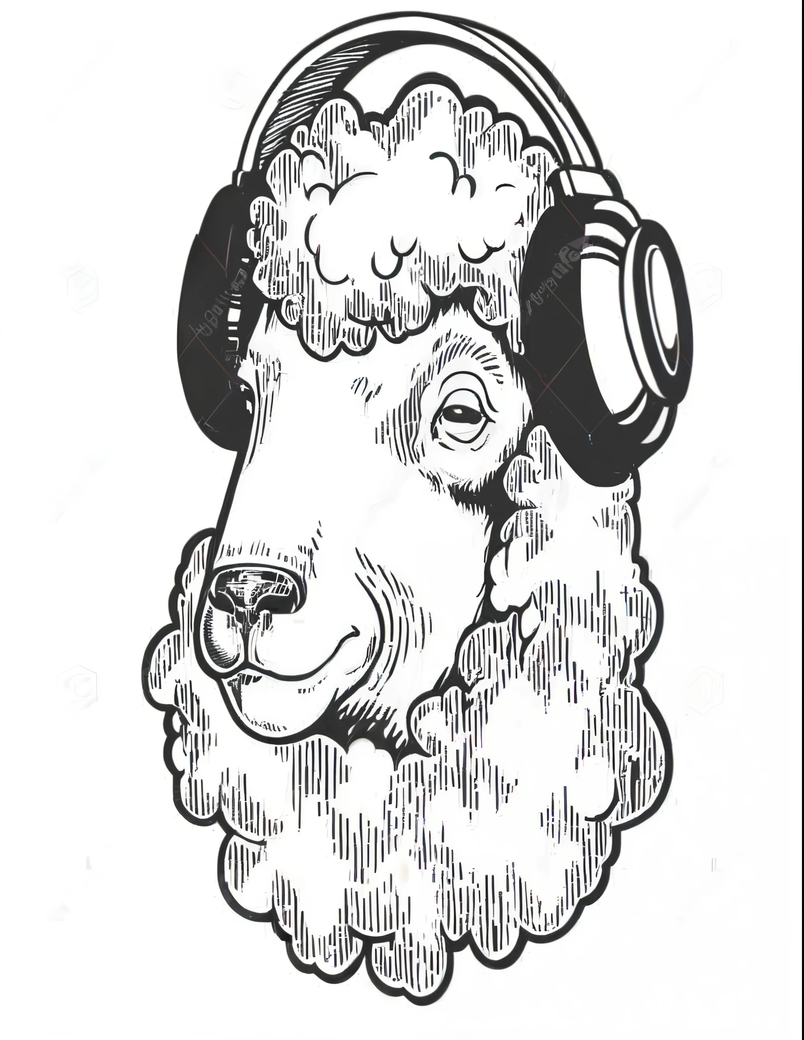 ovelha head com fones de ouvido and a cloud, obras de arte de alta qualidade, com fones de ouvido, ovelha, usando fones de ouvido, vibrating with music, electric ovelha, imagem de alta qualidade, com fones de ouvido, ears are listening, dreaming of electric ovelha, ele tem fones de ouvido, rosto e orelhas muito detalhados, hand drawn illustration, line art illustration, funny strange illustration, black and white illustration