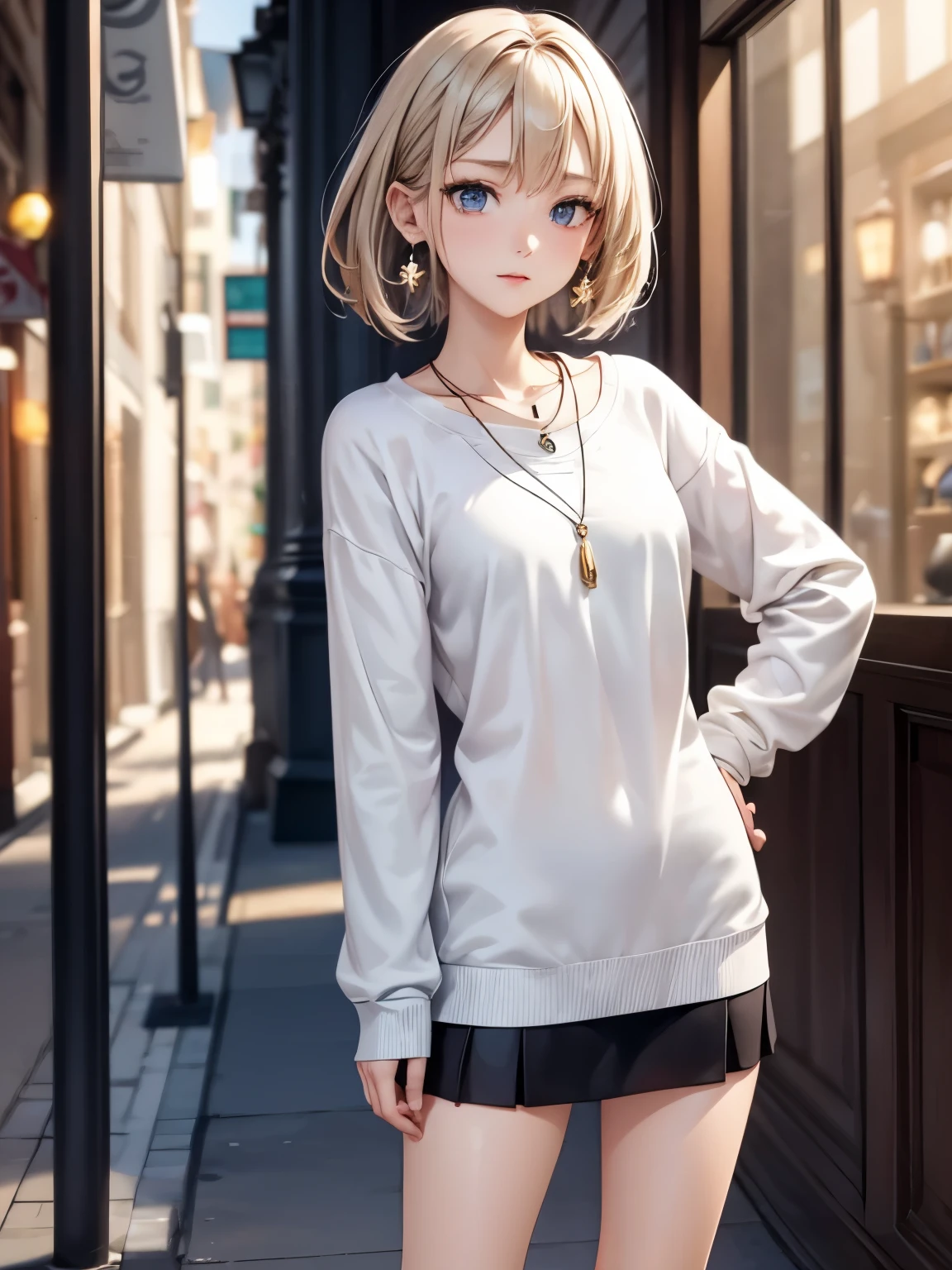 ((Biologically correct number of limbs))、((The number of fingers on one hand is 5))、((natural finger shape))、((full body shot, Full body photo including face、head to toe photo))、standing position、[NSFW]、4K、masterpiece、((focus on the face))、((Symmetrical facial features))、Eyes of minute description、Beautiful woman、outstanding style、beautiful clavicle、beautiful legs、slender body、(small ass、thin thighs）、(high heels）、Detailed depiction of faces、small earrings、necklace、Low - Angle、(upper body sweatshirt、lower body skirt）、Holiday morning scenery、