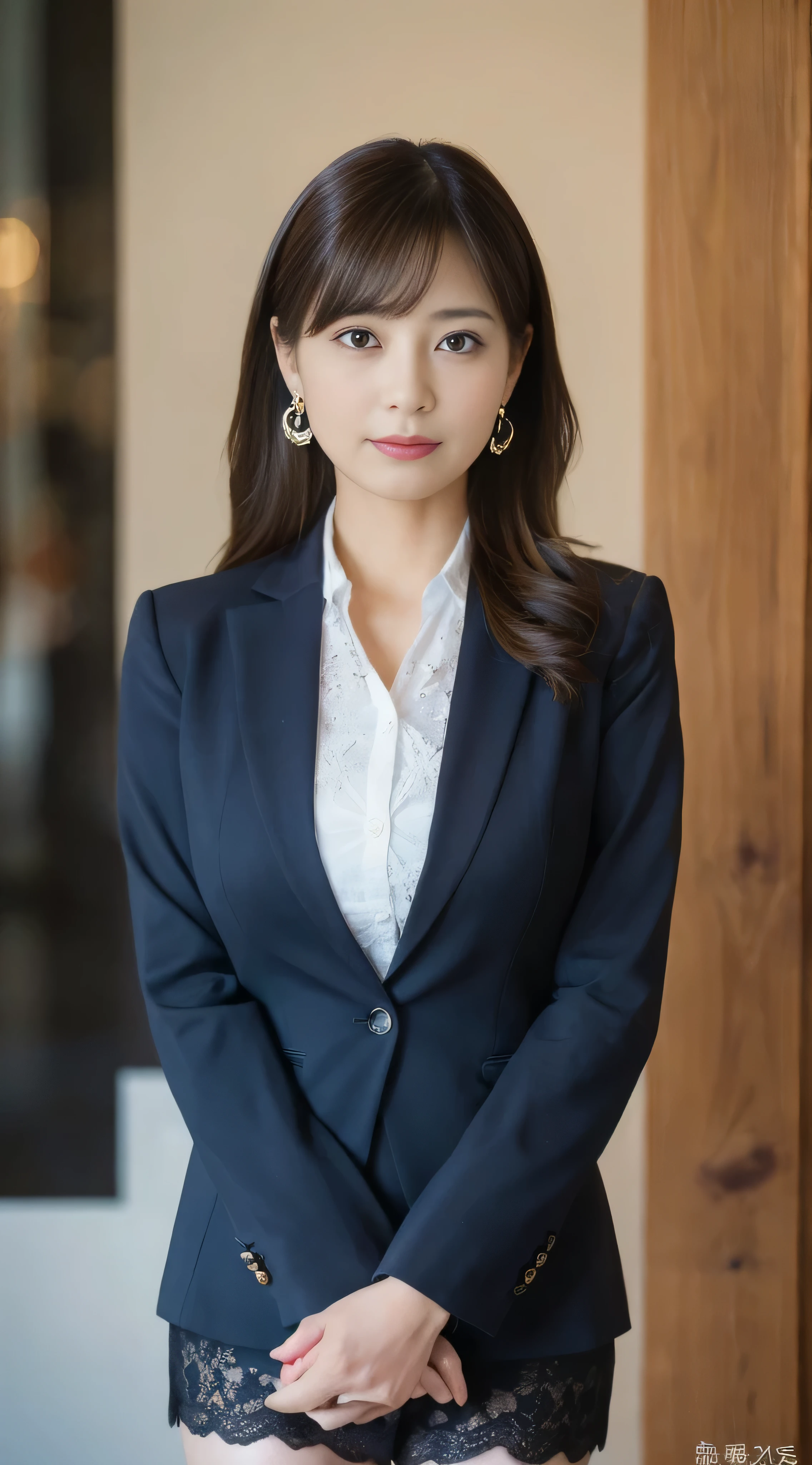 (masterpiece:1.3), (highest quality:1.2), (intricate details:1.2), (surreal:1.2), (professional photos:1.1), very detailed, shape, absurd solution, perspective, black wall background, concentrate, 40 years old, Japanese woman standing upright with her hands folded in front of her body, talking photo, 1 girl, chief executive officer（chief executive officer（CEO, (medium breasts ), long hair, perfect hands, finger details, fine and beautiful eyes, perfect eyes, enchanting eyes, brown eyes, floral long skirt, In dark blue, (business clothes: 1.2), white jacket, earrings, stockings, look at the audience, better hand, Art by Paul Thomas Anderson, (Shot with Sony A7R II and Sony 16-35mm lens, 1/250 people, f/5.6 、ISO1250)、