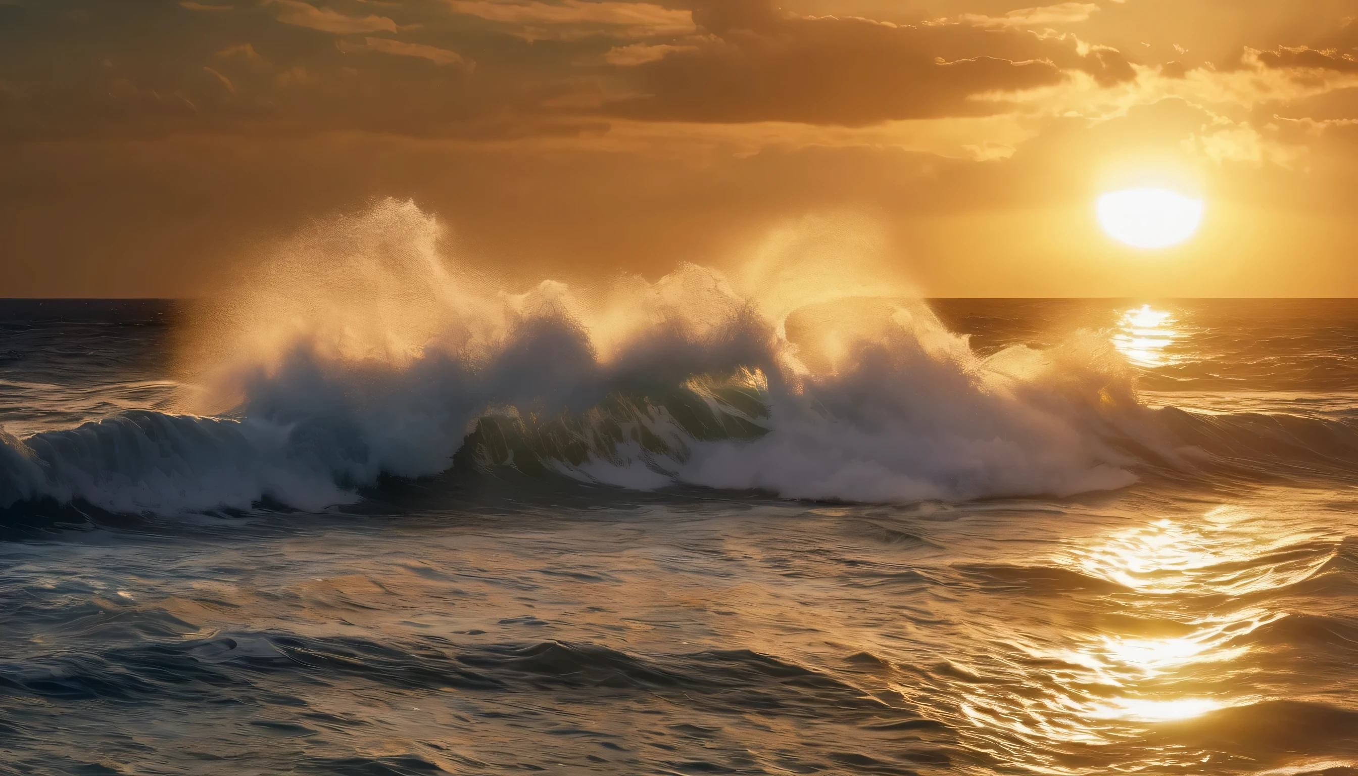 arafed view of a sunset over the majestic ocean image with big waves crashing, golden sunlight shining on the sea, beautiful ocean, big waves, shimmering light, UHD,(Best Quality),(Masterpiece Photos), (Details:1.4),(8k Highly Detailed)(Best Quality),(Best Shading)