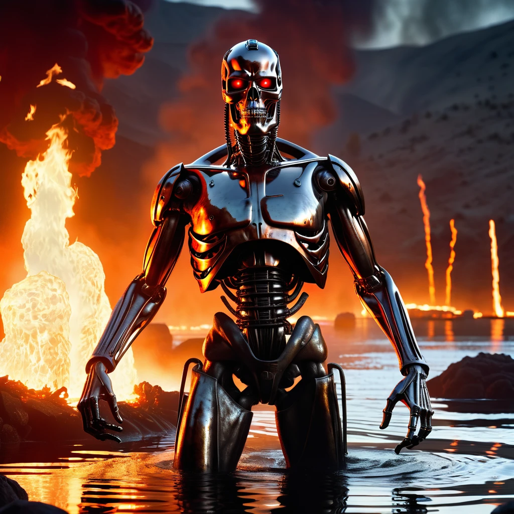 T-800 submerging into a molten metal lake, semi-submerged head and arm protruding, hand delivering a thumbs-up gesture, Terminator 2: Judgment Day epic finale scene, cinematic capture, ultra-quality, hyper-detailed, 32k resolution, apocalyptic ambiance, industrial doom, backlight glow, glowing orange and red hues, reflective metal surface, dramatic lighting, volumetric smoke effects, high dynamic range, exquisitely composed, a trending piece on ArtStation, visuals at a stunning 8K, blending photorealistic concept art with the refined illumination of soft, cinematic composition, masterpiece-level oil painting., ultra-detailed, high contrast shadows emphasizing the grave markers, evoking the film's classic cinematography. High Resolution, High Quality, Masterpiece.best quality, masterpiece, super detail