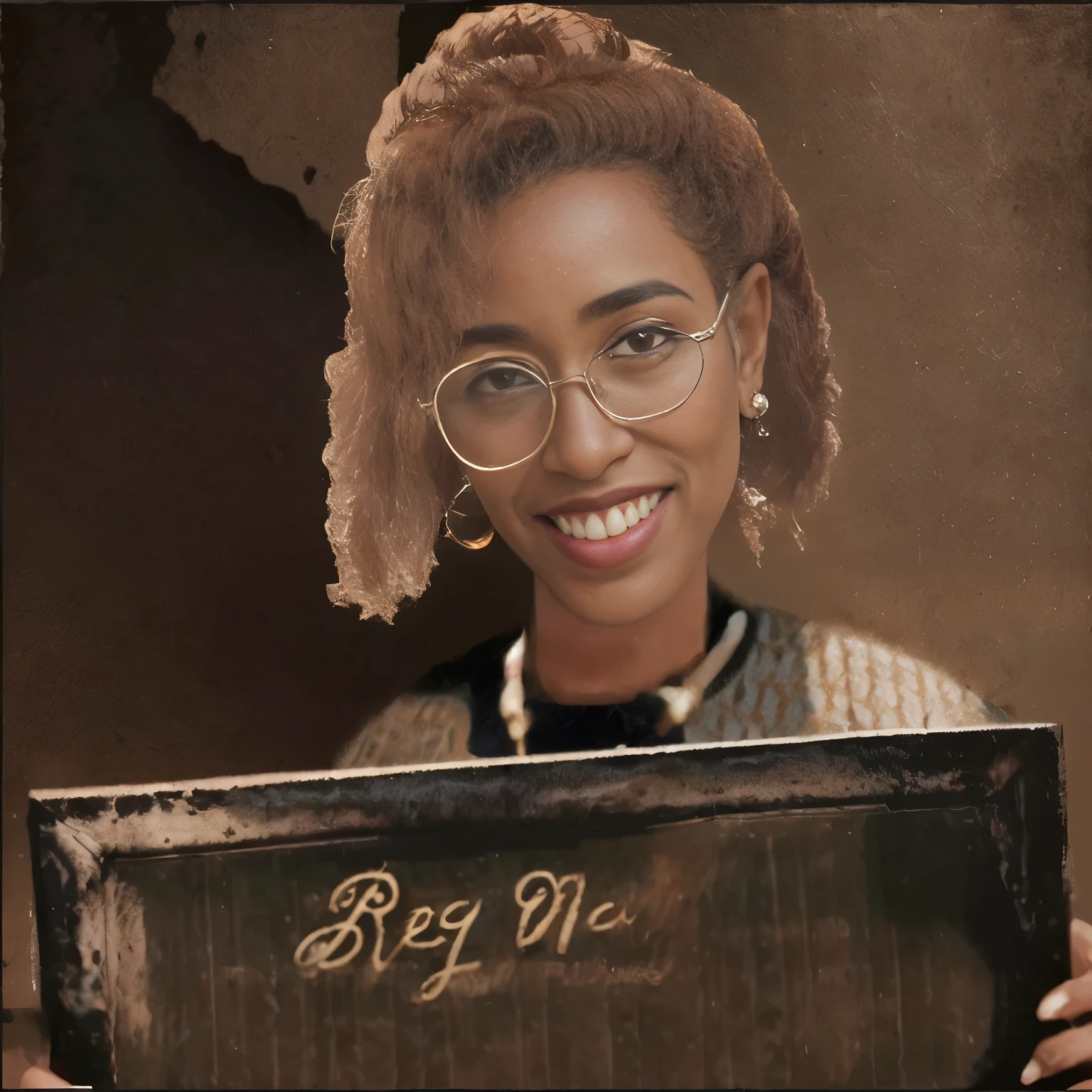 smiling woman holding a sign with her prisoner number, historic prison, inspired por Chinwe Chukwuogo-Roy, por Chinwe Chukwuogo-Roy, por Béla Nagy Abodi, Asterot, inspired por Béla Nagy Abodi, inspired por Betye Saar, momentos atesorados, detalles delicados, textura envejecida, narrativa evocadora, por Betye Saar, retrato norte - 9