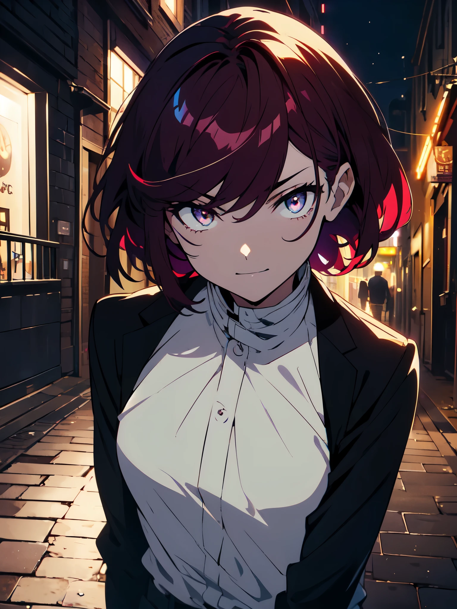 (masterpiece, highest quality、detailed)、(shining eyes), ((One young man)),((cool boy))、,(all back、reap))、(Burgundy hair,inner color)、colorful eyes,serious expression, wicked smile,line drawing、messy hair、(short hair),(Asymmetrical hair、two block hair),white blazer,black t-shirt,expressionless eyes,((beautiful animeスタイル))、(dark and serious background),(dark back alley)、(downtown at night)、beautiful anime