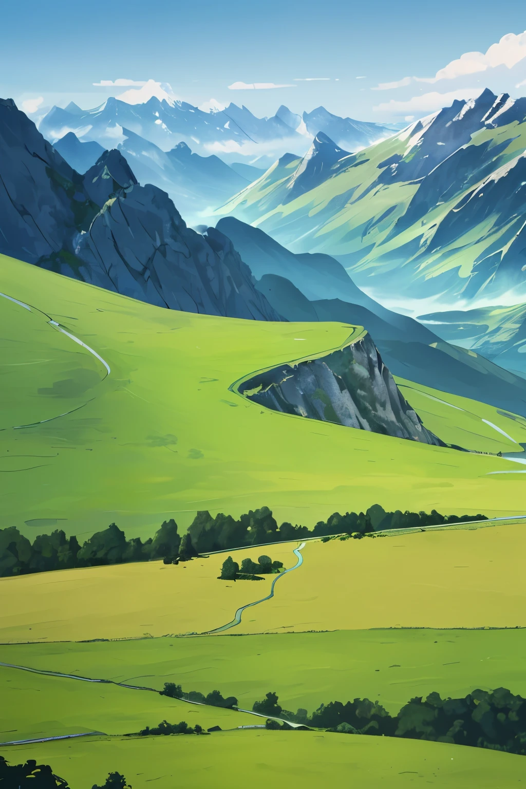 In the heart of a breathtaking landscape, a scene unfolds beneath the vast expanse of a crystal-clear, unending blue sky. Scattered across its depths are an array of cloud formations, each displaying intricate details that dance and shift with the gentlest of air currents. Mountains rise majestically in the distance, their peaks barely touching the sky, a testament to the raw power and beauty of nature. The foot of the mountains gives way to expansive rolling grassfields, the gentle sway of the grass brushing against the soft earth, inviting you to bask in the splendor of Mother Nature's masterpiece.