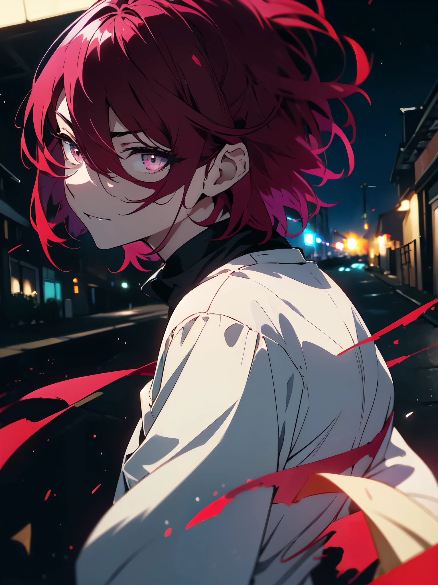 (masterpiece, highest quality、detailed)、(shining eyes), ((One young man)),((cool boy))、,(all back、reap))、(Burgundy hair,inner color)、colorful eyes,serious expression, wicked smile,line drawing、messy hair、(short hair),(Asymmetrical hair、two block hair),white blazer,black t-shirt,expressionless eyes,((beautiful animeスタイル))、(dark and serious background),(dark back alley)、(downtown at night)、beautiful anime