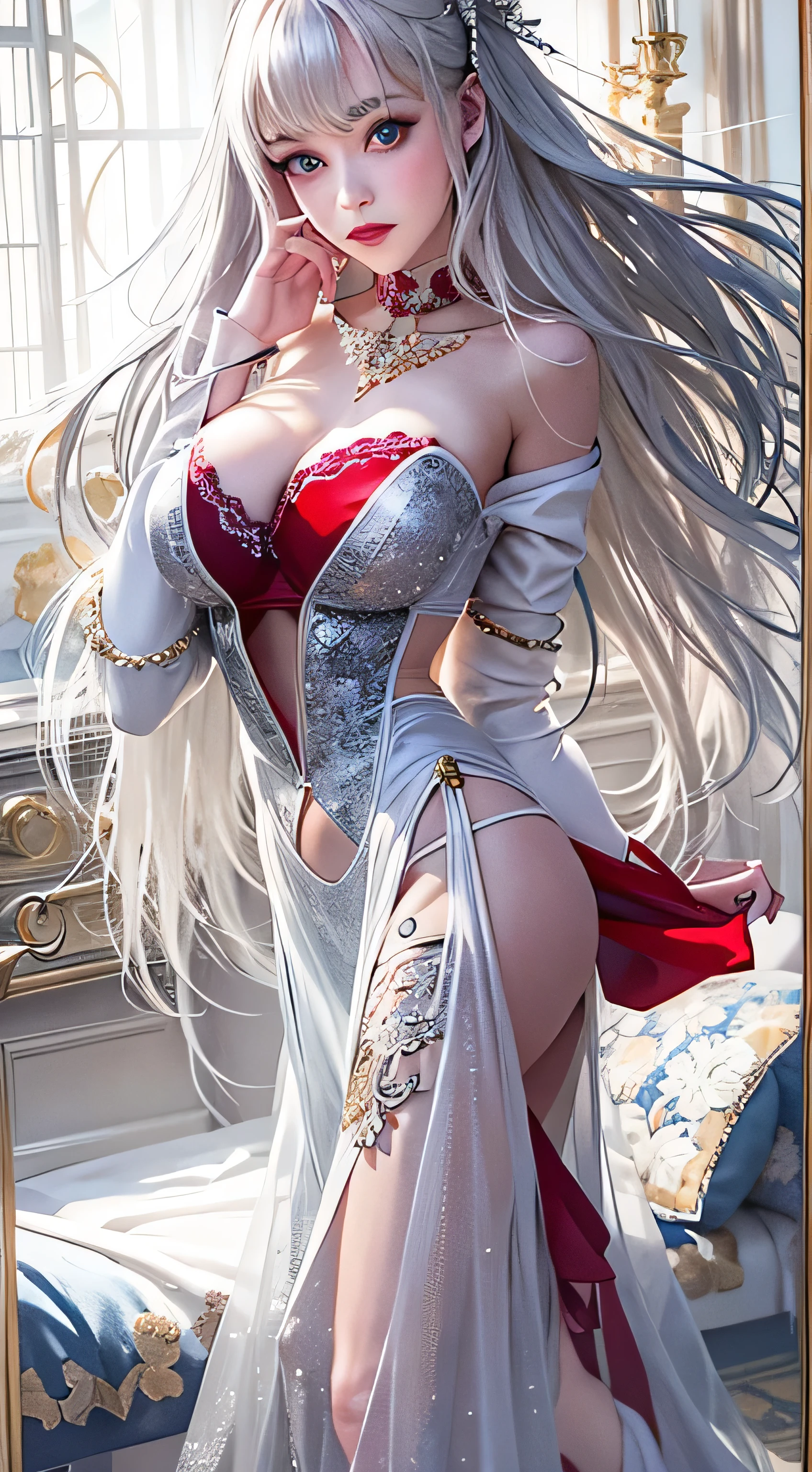 realistic, High resolution, soft light, 1 girl, alone, waist rises high, blue eyes, (silvery white straight long hair), red lips, black lace sexy lingerie, waist rises high, jewelry,