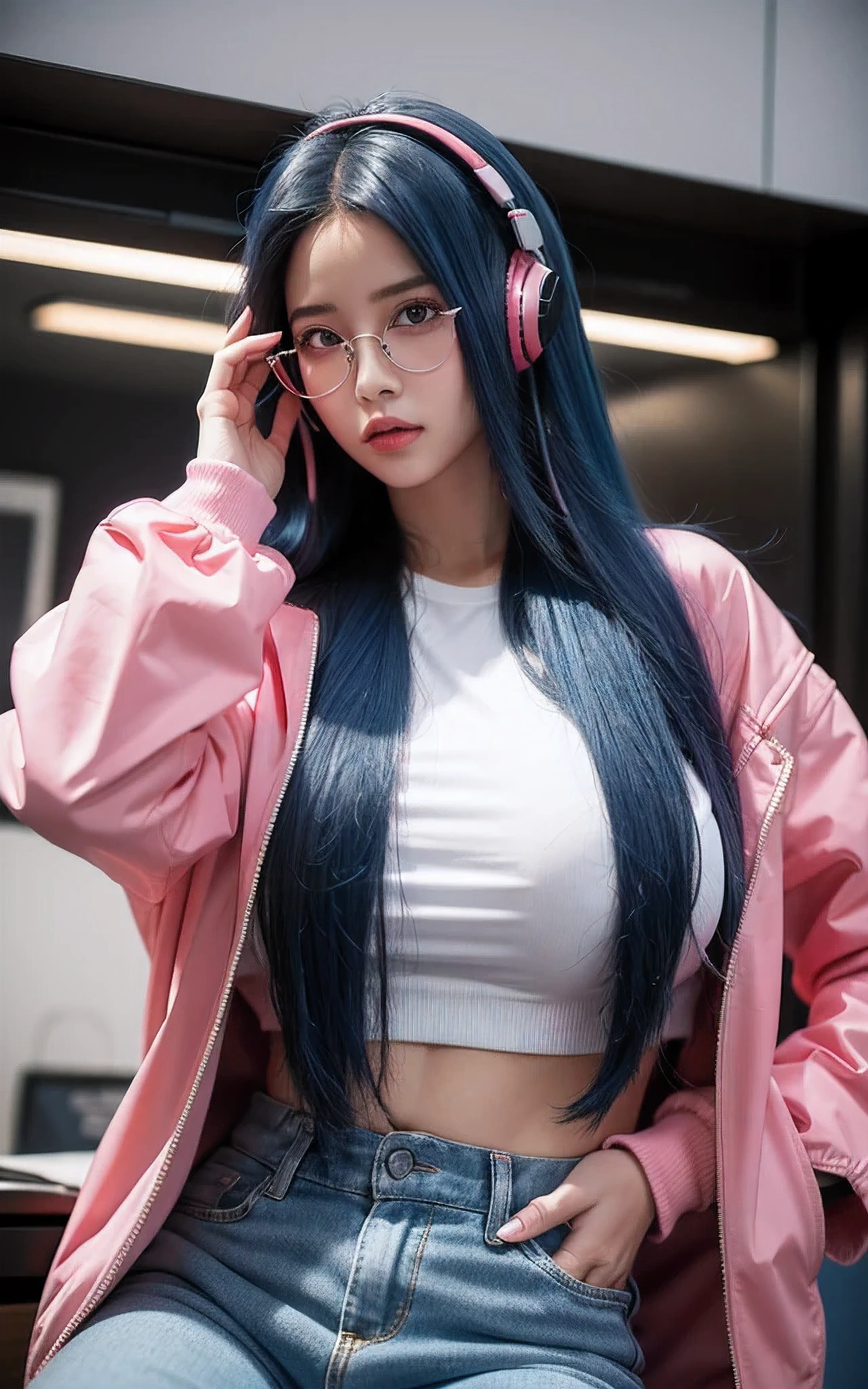 Beautiful woman, huge big breast, long hair, neon blue hair, using headphones, red eyes, glasses, pink jacket, pants, room, detailed eyes, random pose