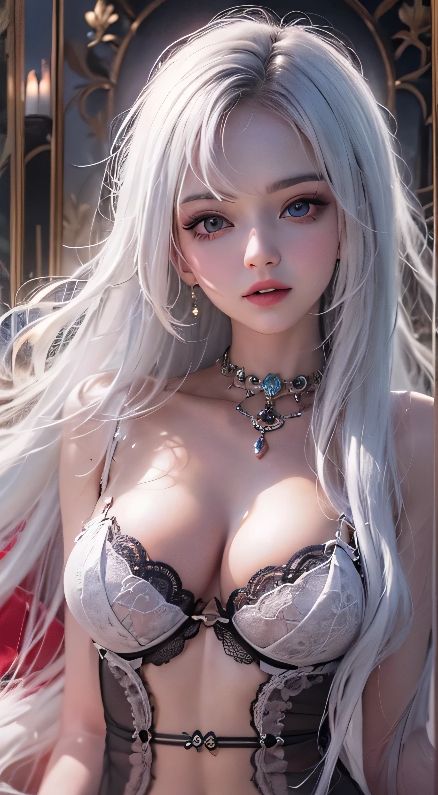 realistic, High resolution, soft light, 1 girl, alone, waist rises high, blue eyes, (silvery white straight long hair), red lips, black lace sexy lingerie, waist rises high, jewelry,