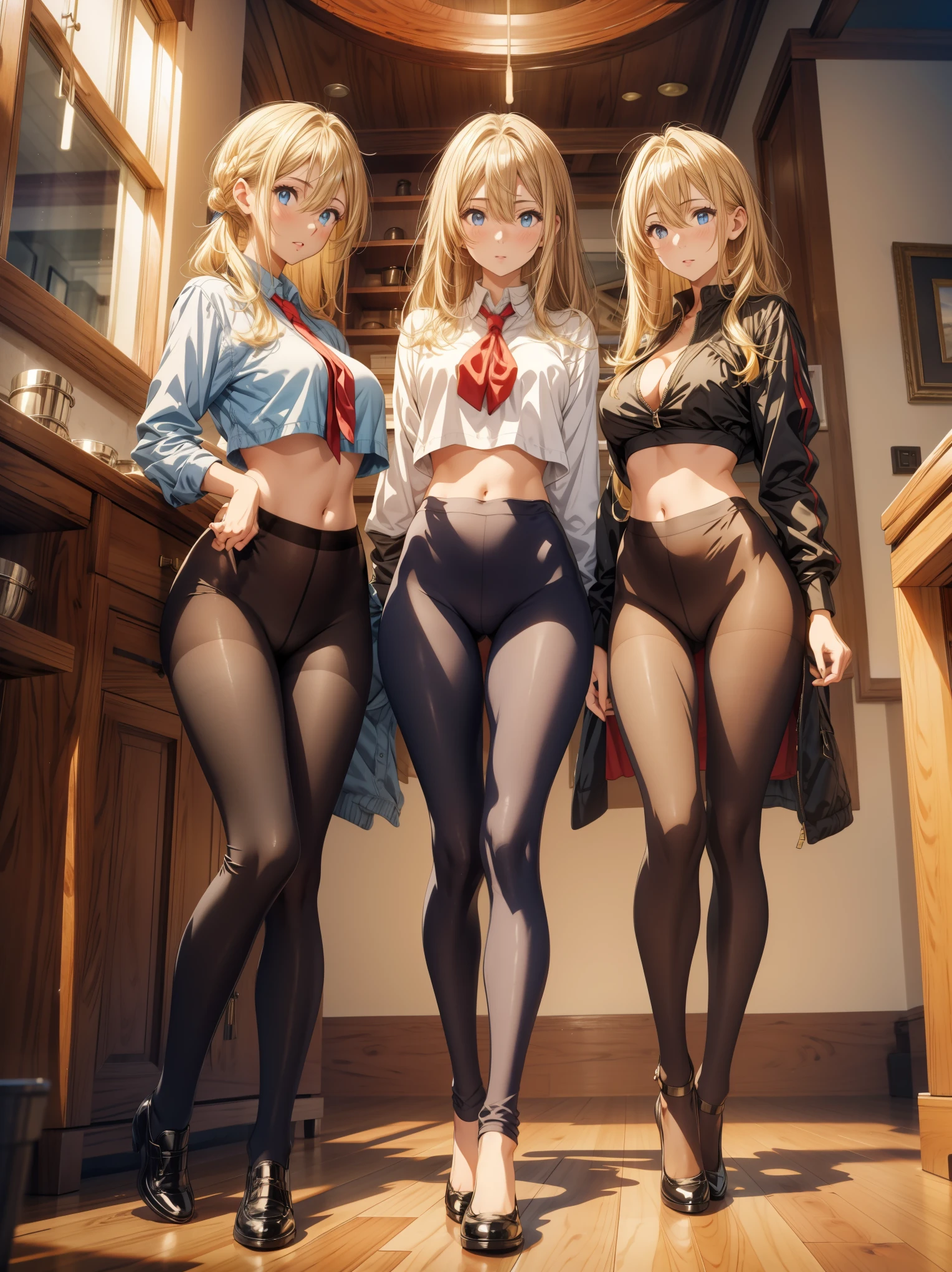 highest quality, masterpiece, ultra high resolution, 3 girls,blonde hair,black hair,leggings,pantyhose,match,take a pose,looking at the viewer,indoor