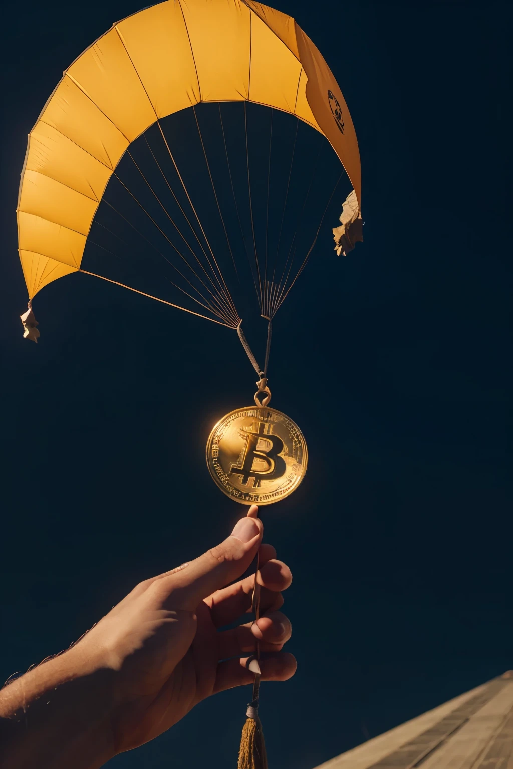 Make a logo of a bitcoin coin falling by parachute